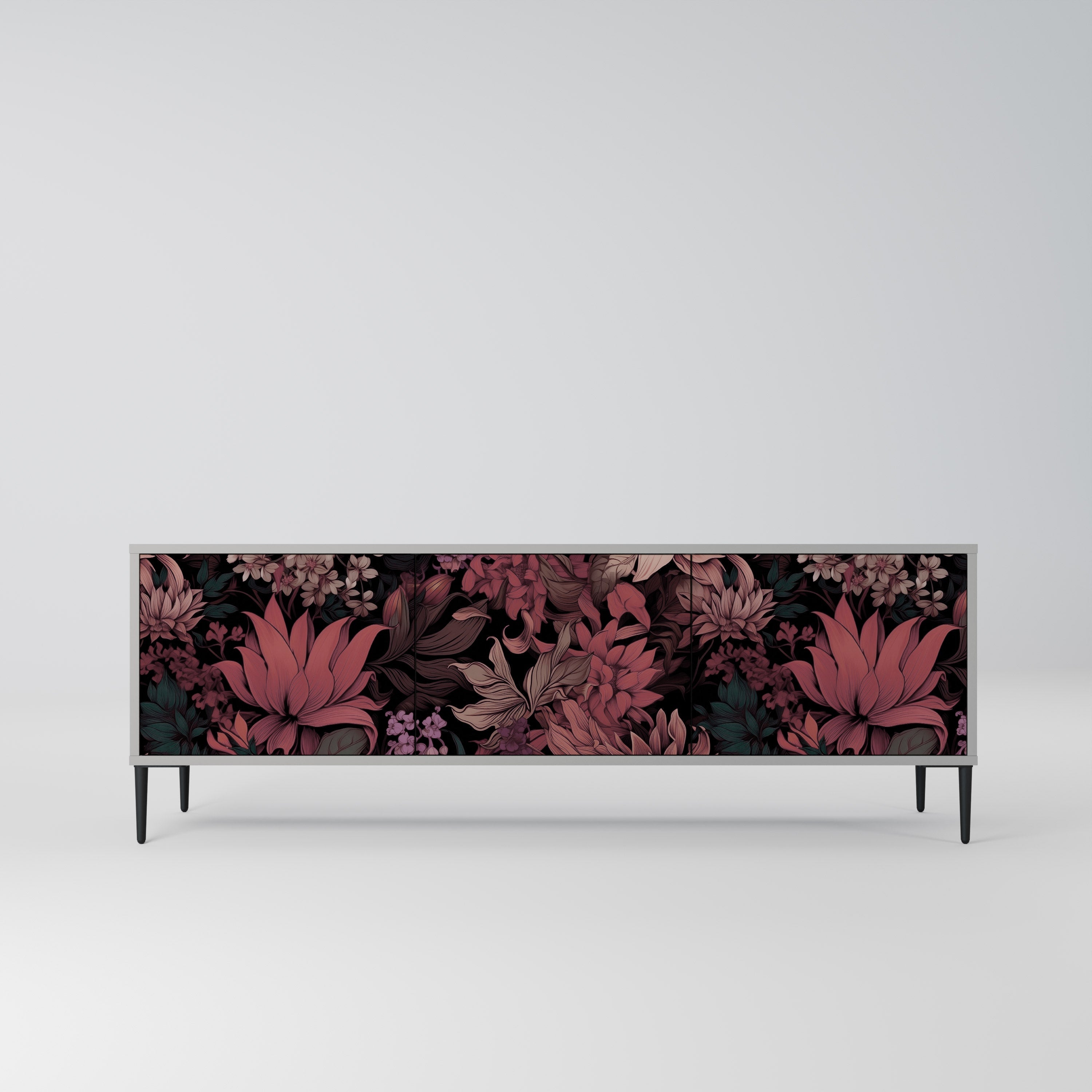 Meuble TV 3 portes FLORAL WHISPER finition grise