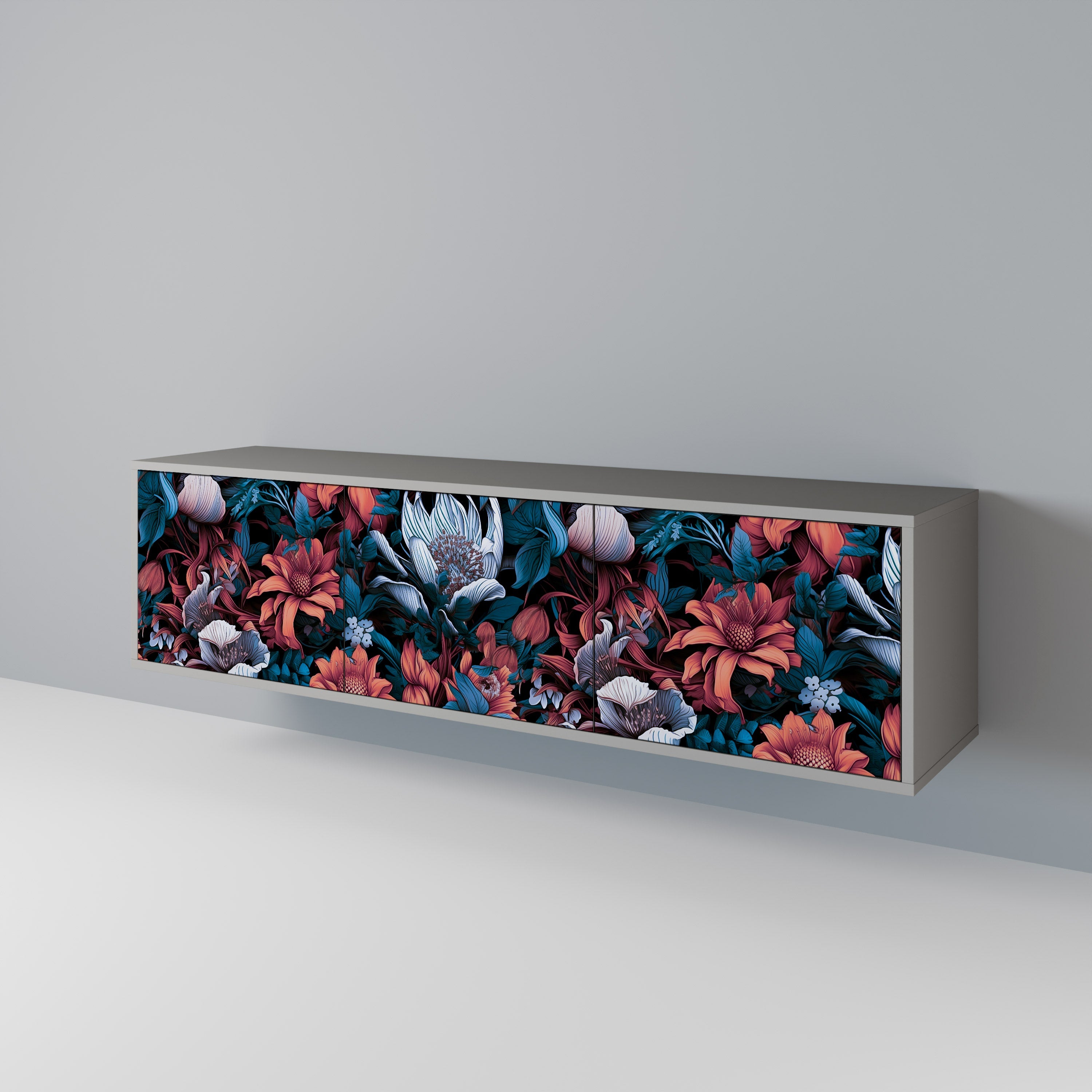 Meuble TV 3 portes ETHEREAL BLOSSOMS, finition grise