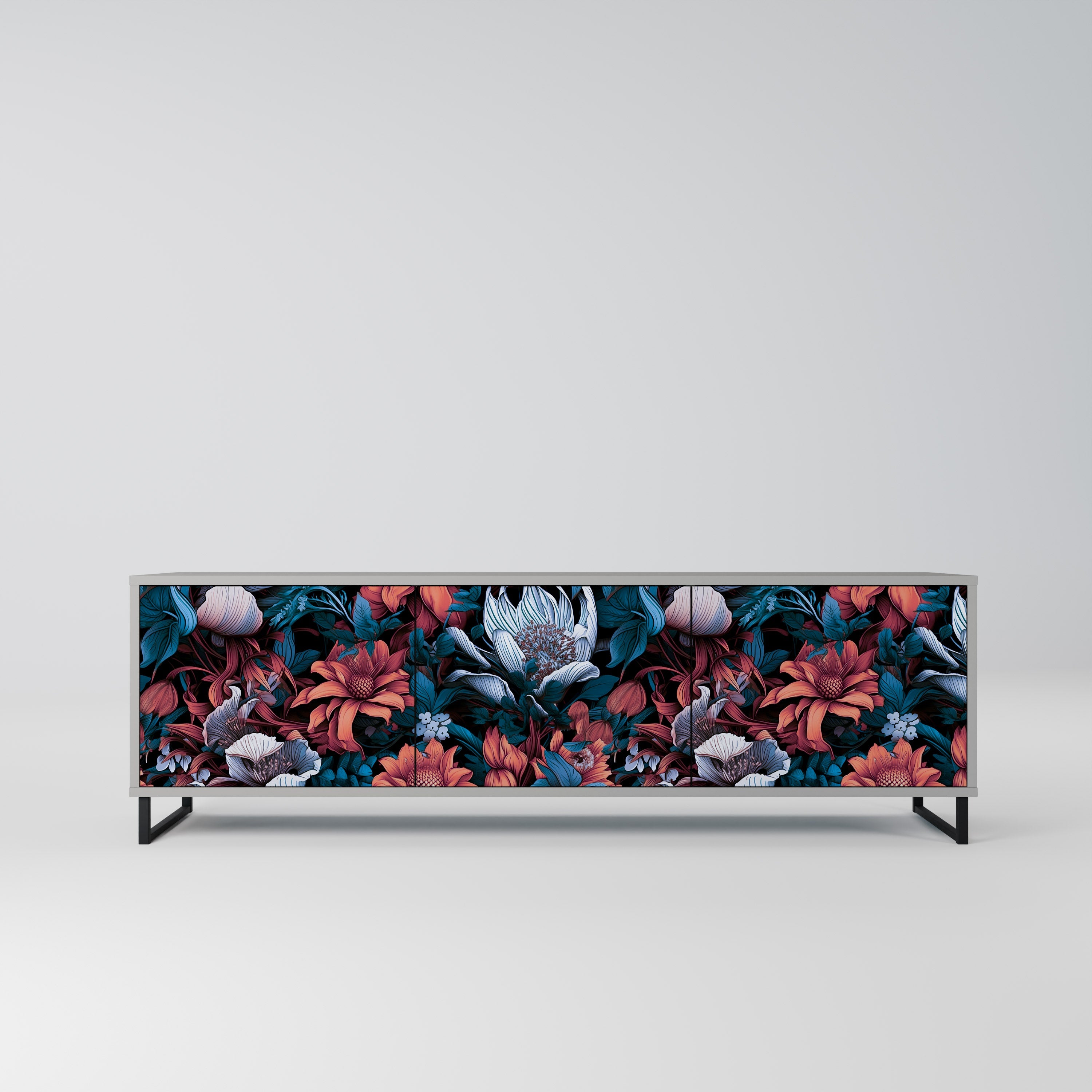 Meuble TV 3 portes ETHEREAL BLOSSOMS, finition grise