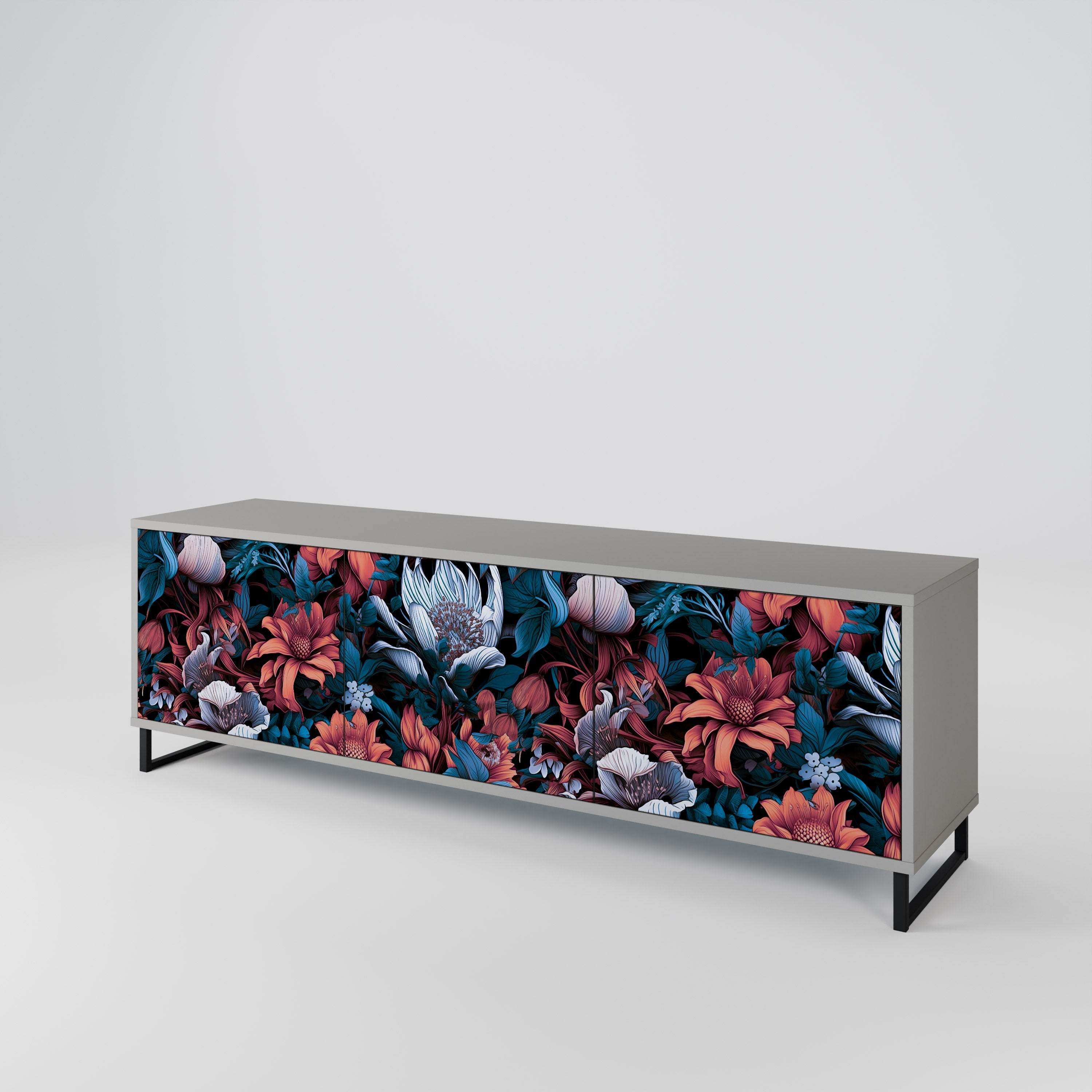 Meuble TV 3 portes ETHEREAL BLOSSOMS, finition grise