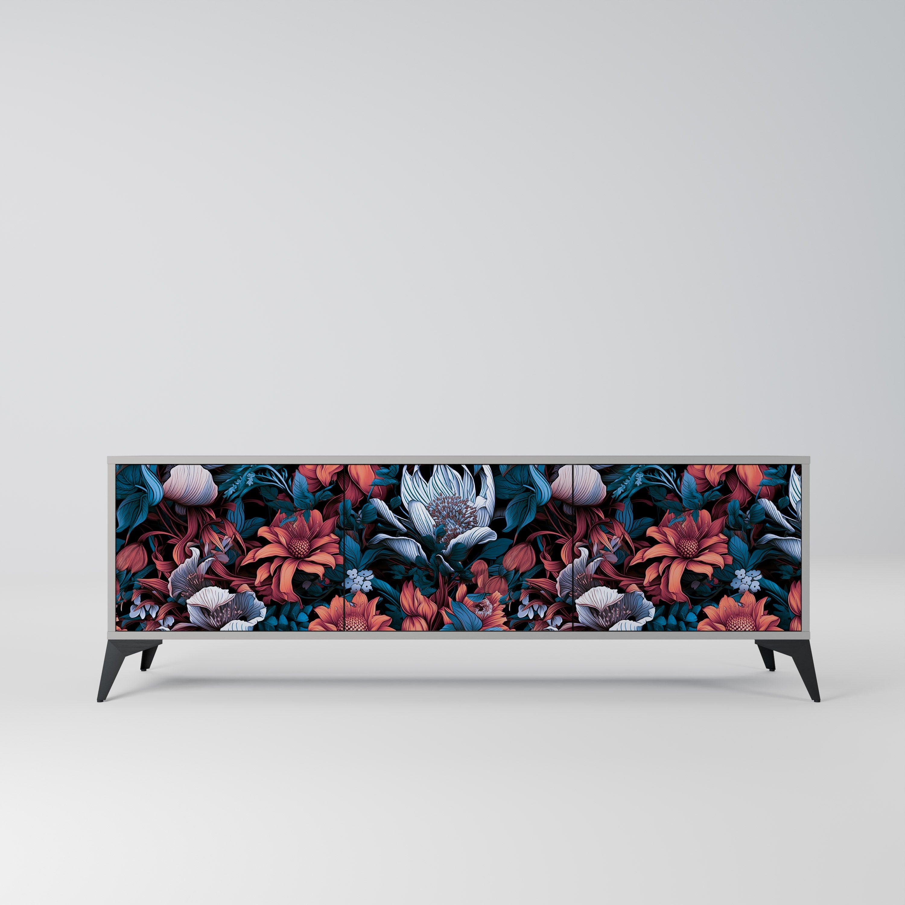 Meuble TV 3 portes ETHEREAL BLOSSOMS, finition grise