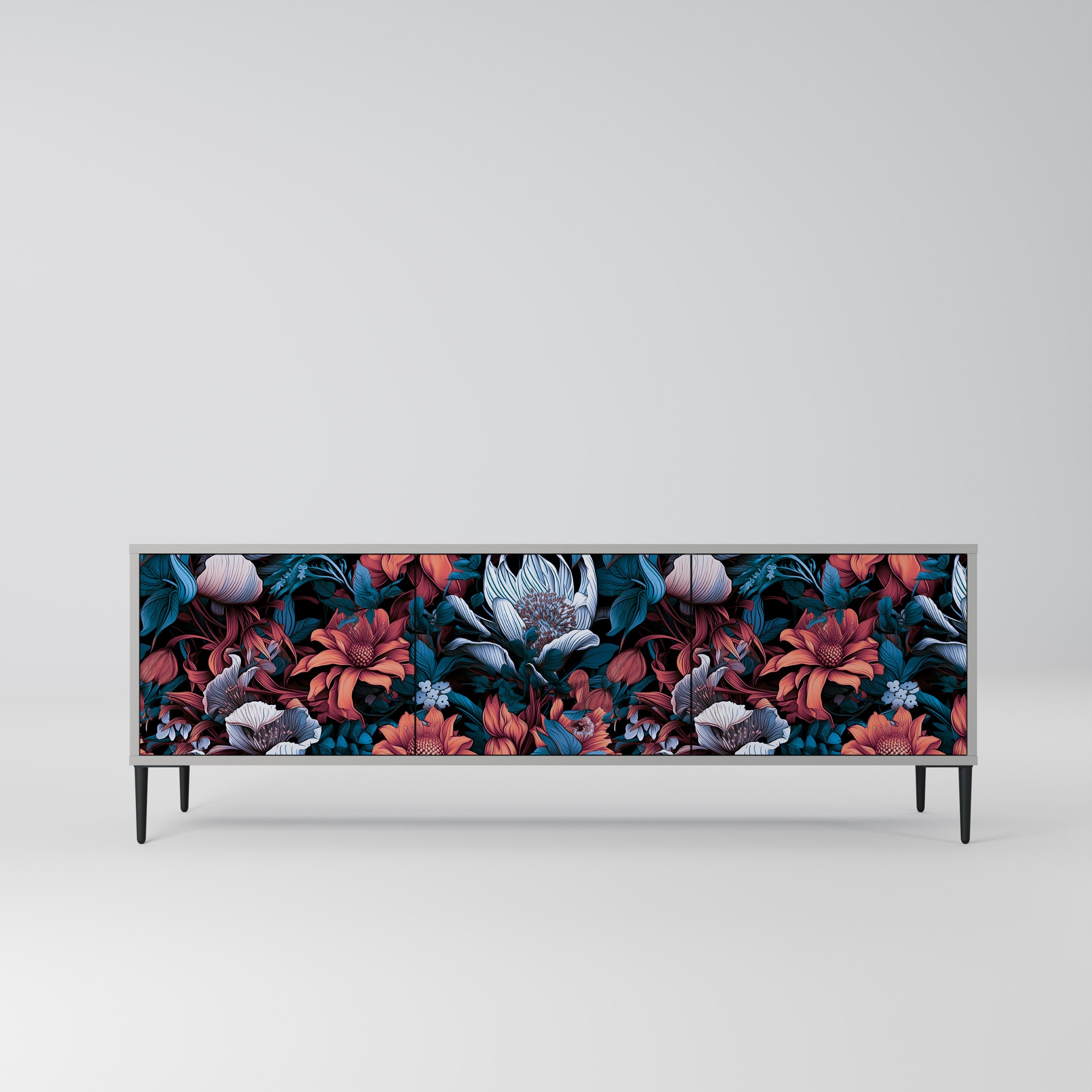 Meuble TV 3 portes ETHEREAL BLOSSOMS, finition grise