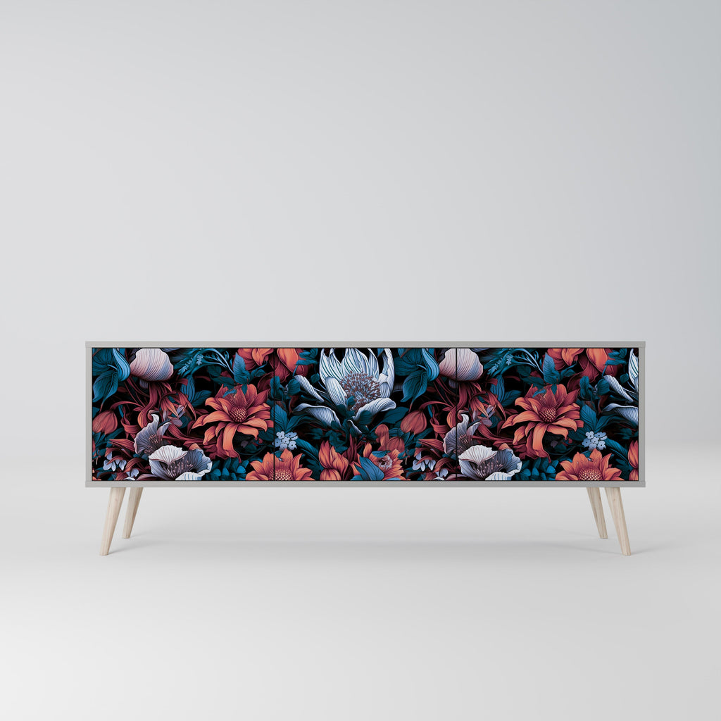 Meuble TV 3 portes ETHEREAL BLOSSOMS, finition grise