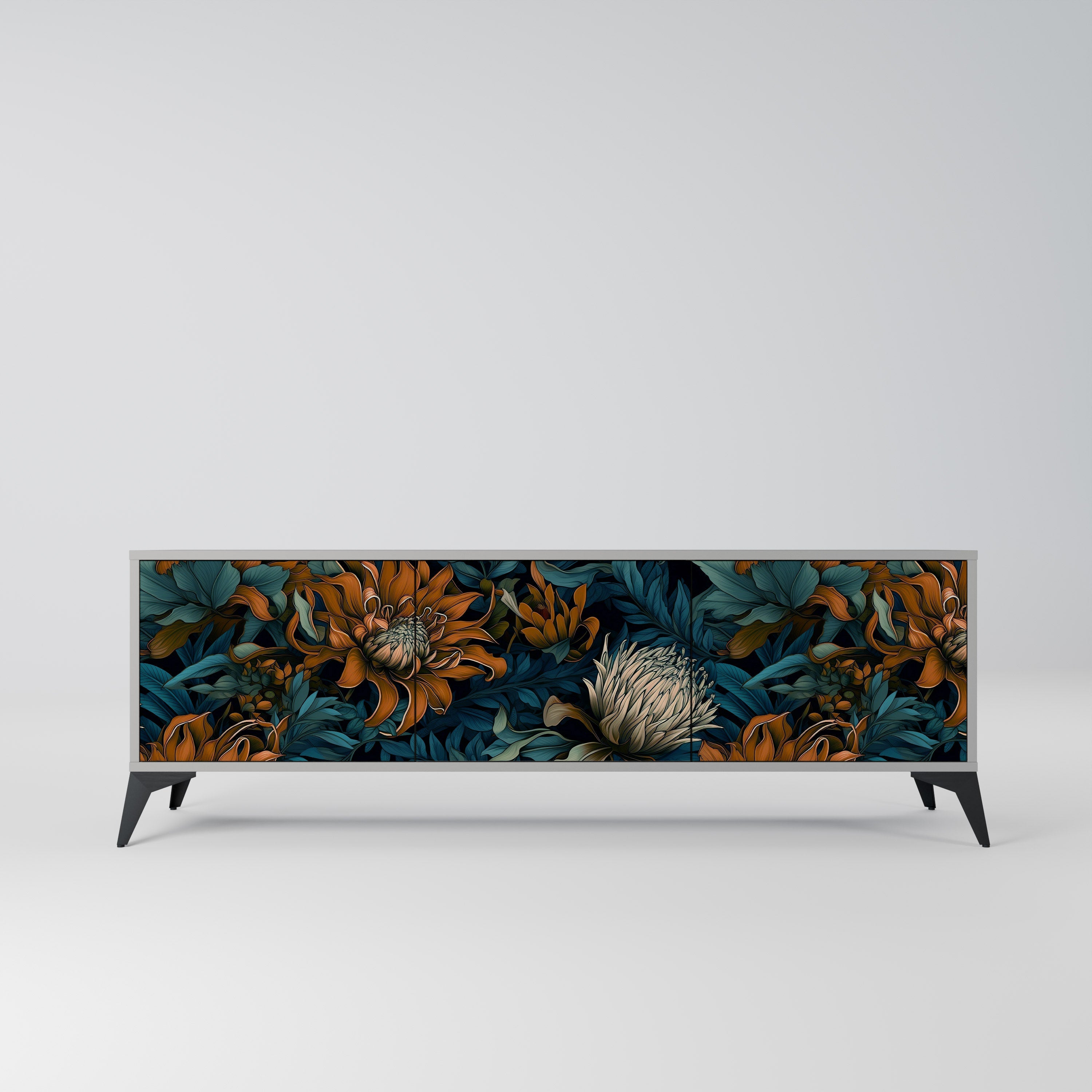 Meuble TV 3 portes MORNING BLOOM, finition grise