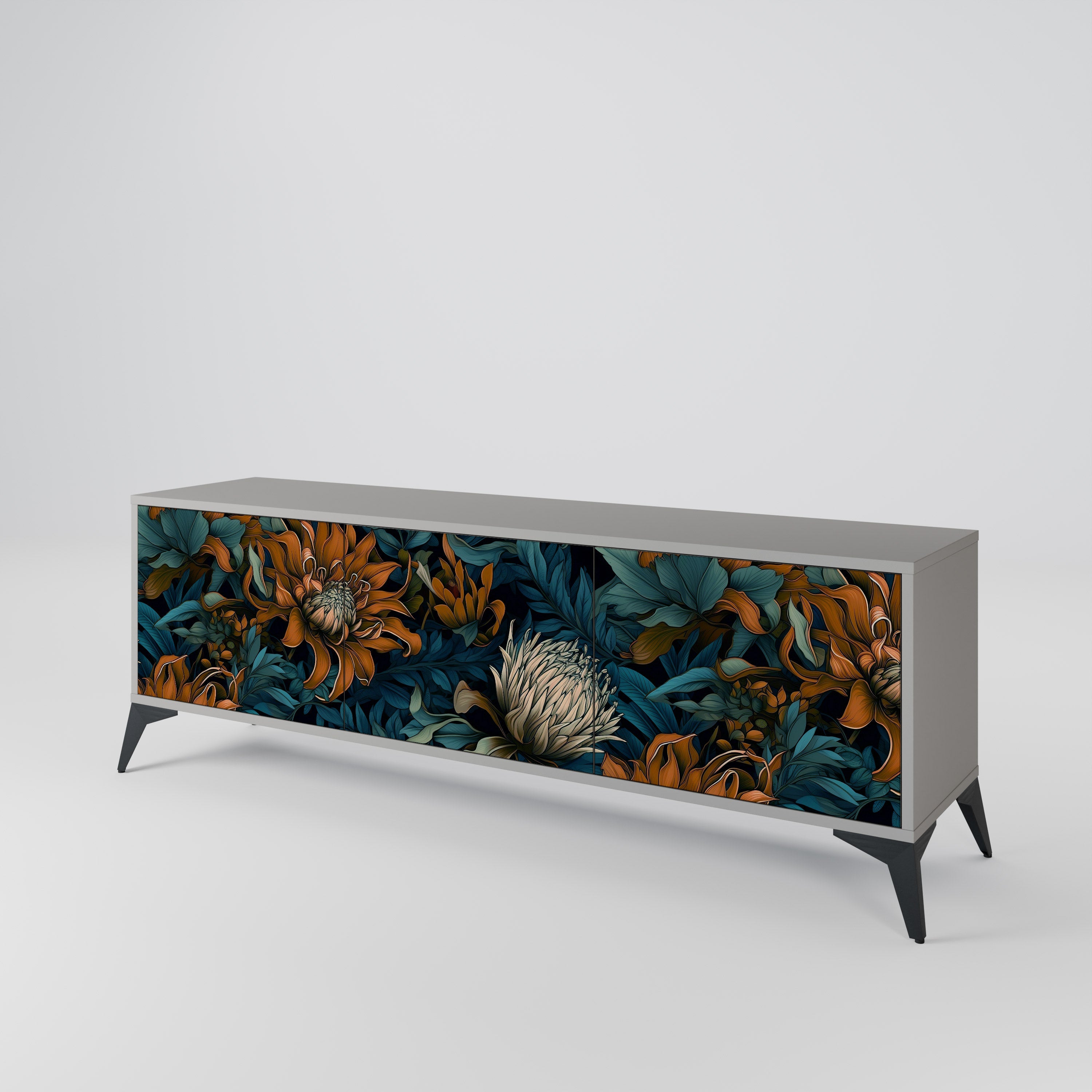 Meuble TV 3 portes MORNING BLOOM, finition grise