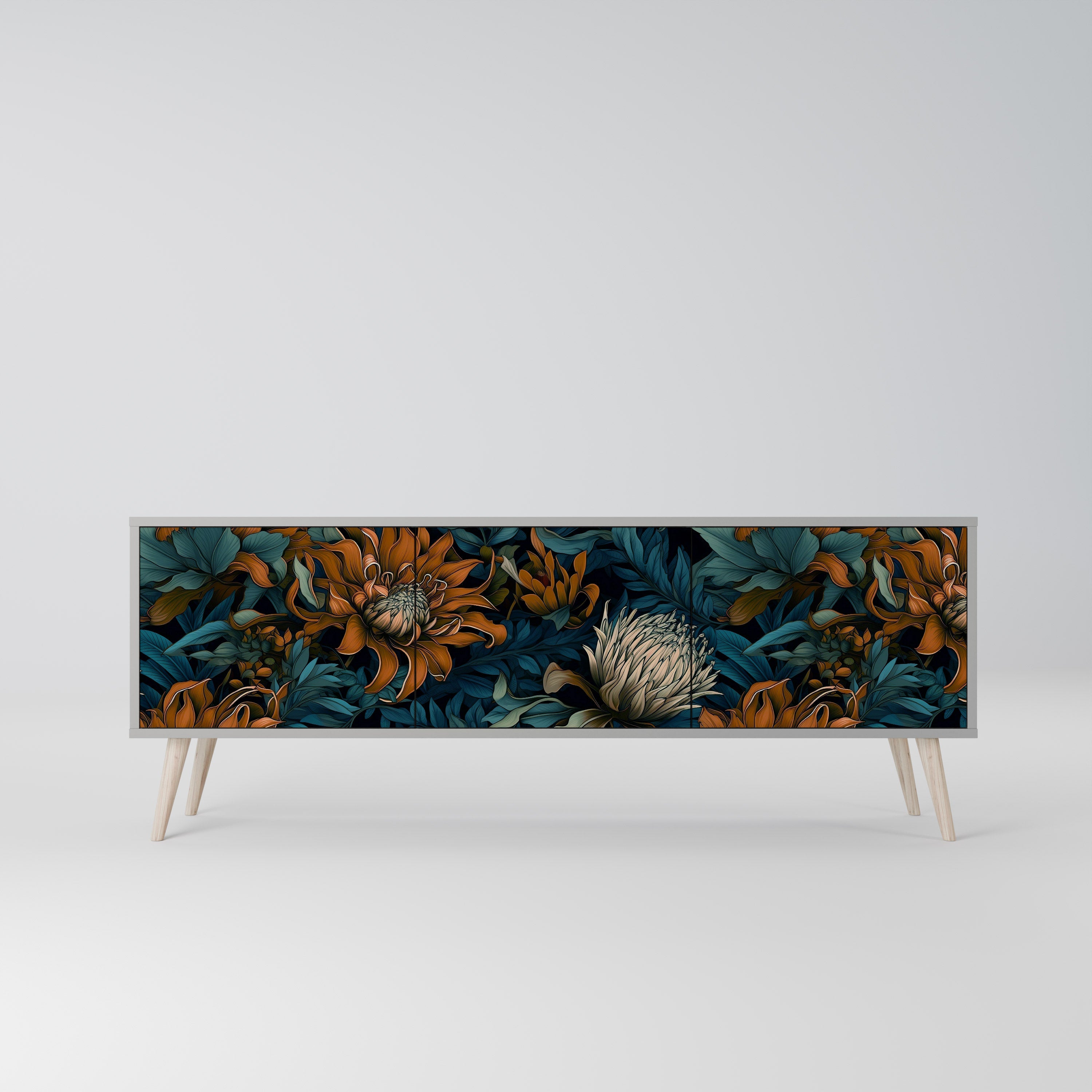 Meuble TV 3 portes MORNING BLOOM, finition grise