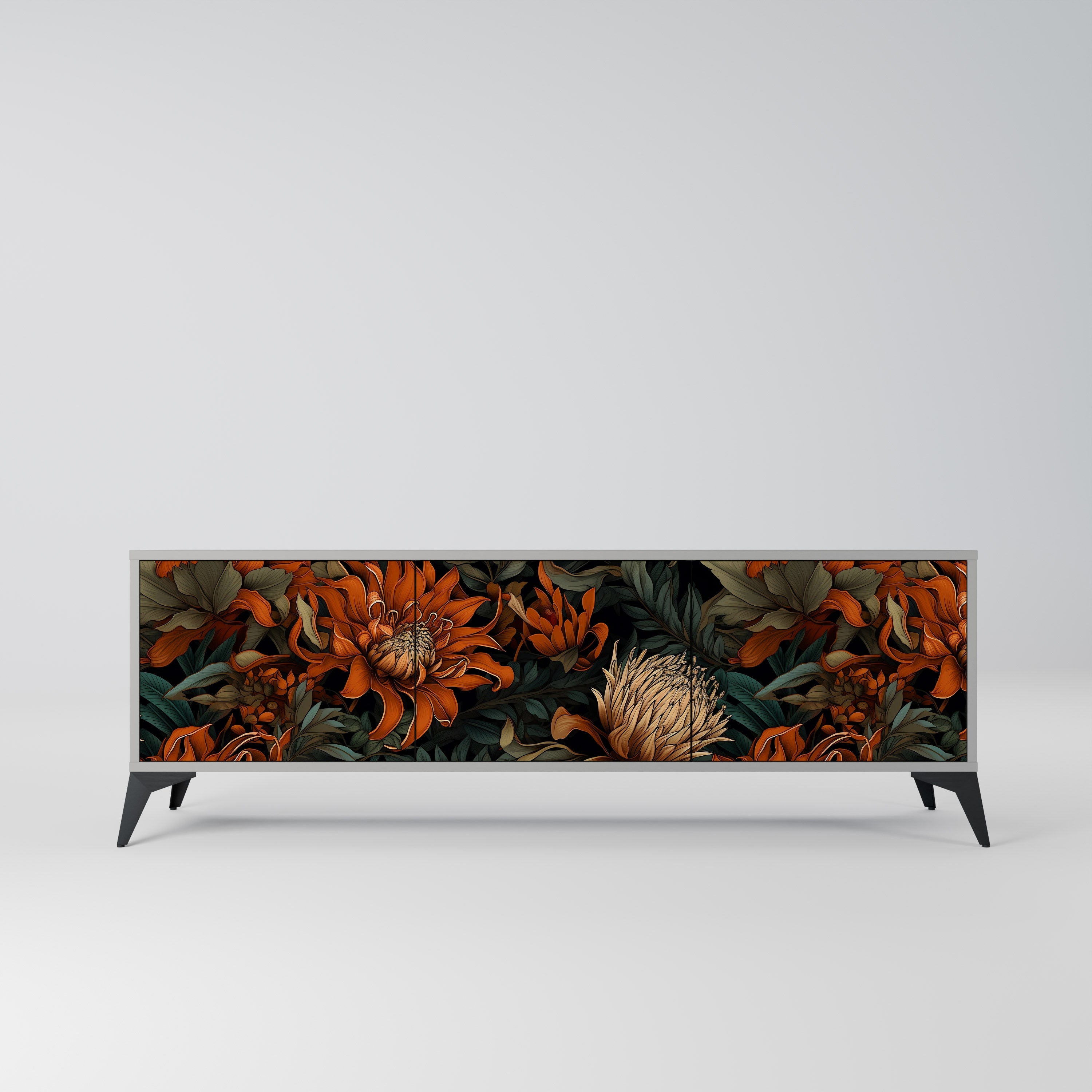 Meuble TV 3 portes DAWN BLOOM finition grise