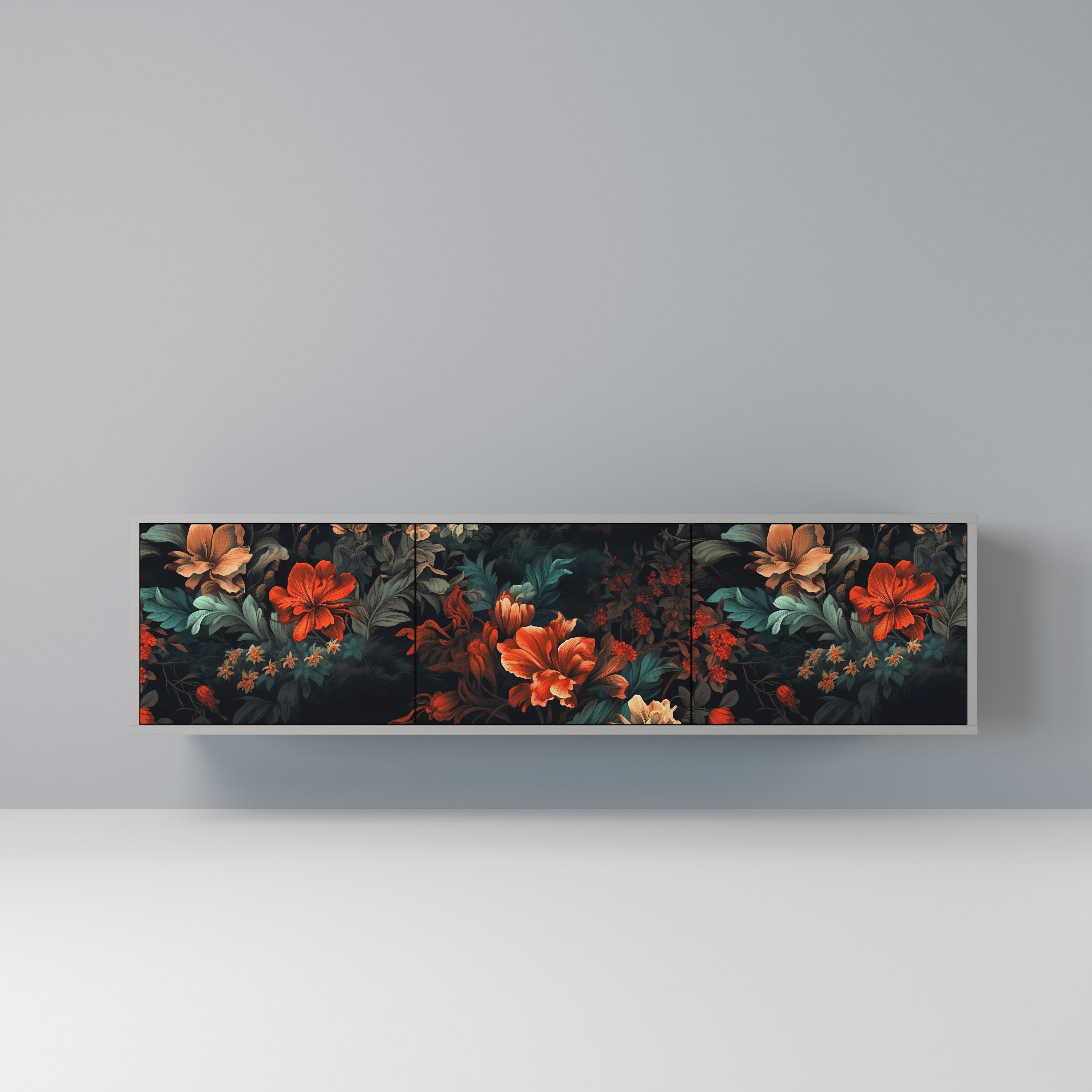 Meuble TV 3 portes IMAGINARY BLOSSOM, finition grise