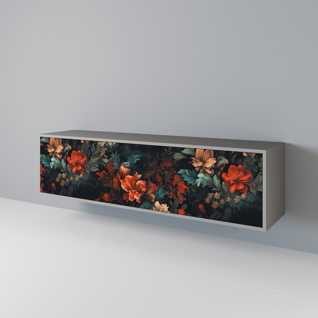 Meuble TV 3 portes IMAGINARY BLOSSOM, finition grise