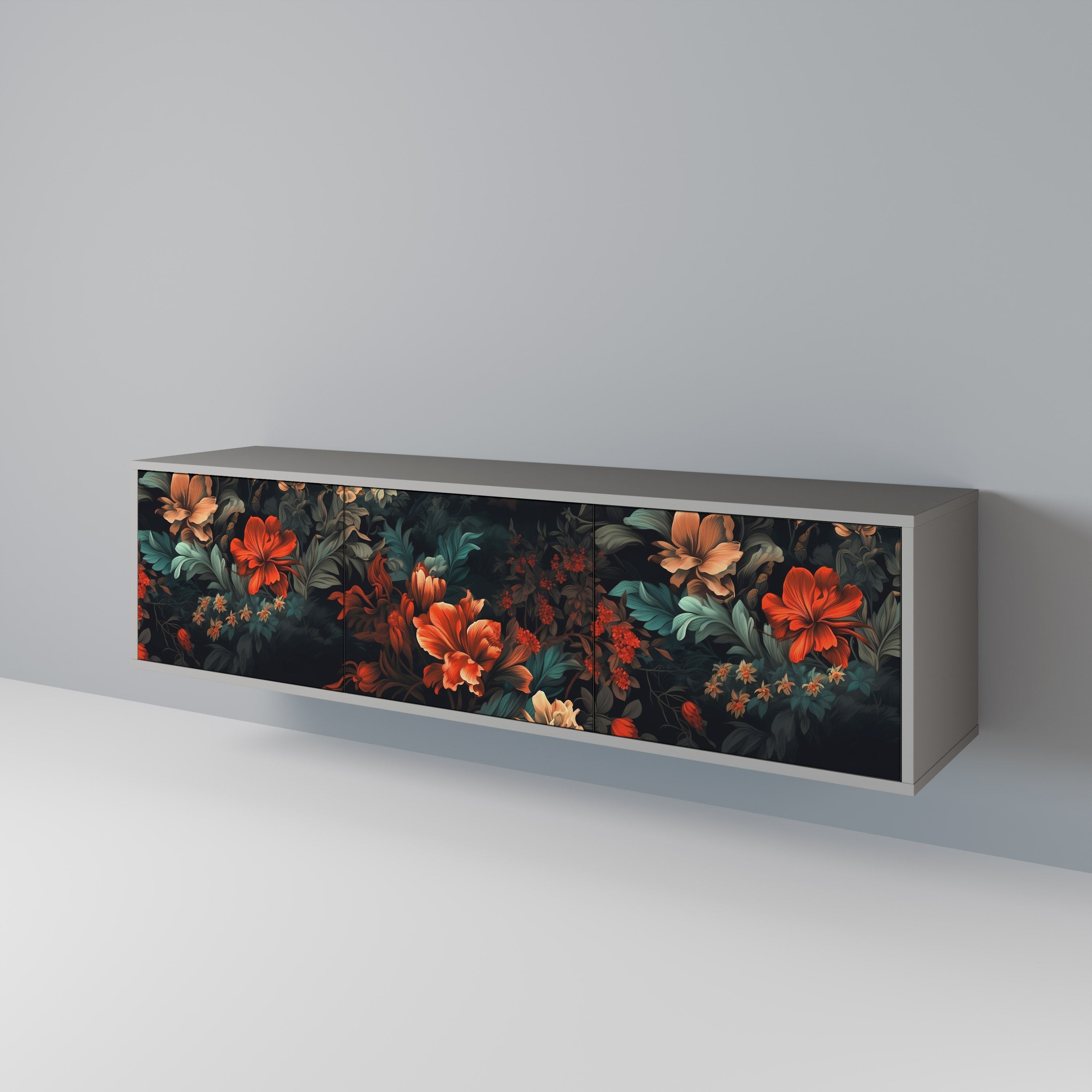 Meuble TV 3 portes IMAGINARY BLOSSOM, finition grise