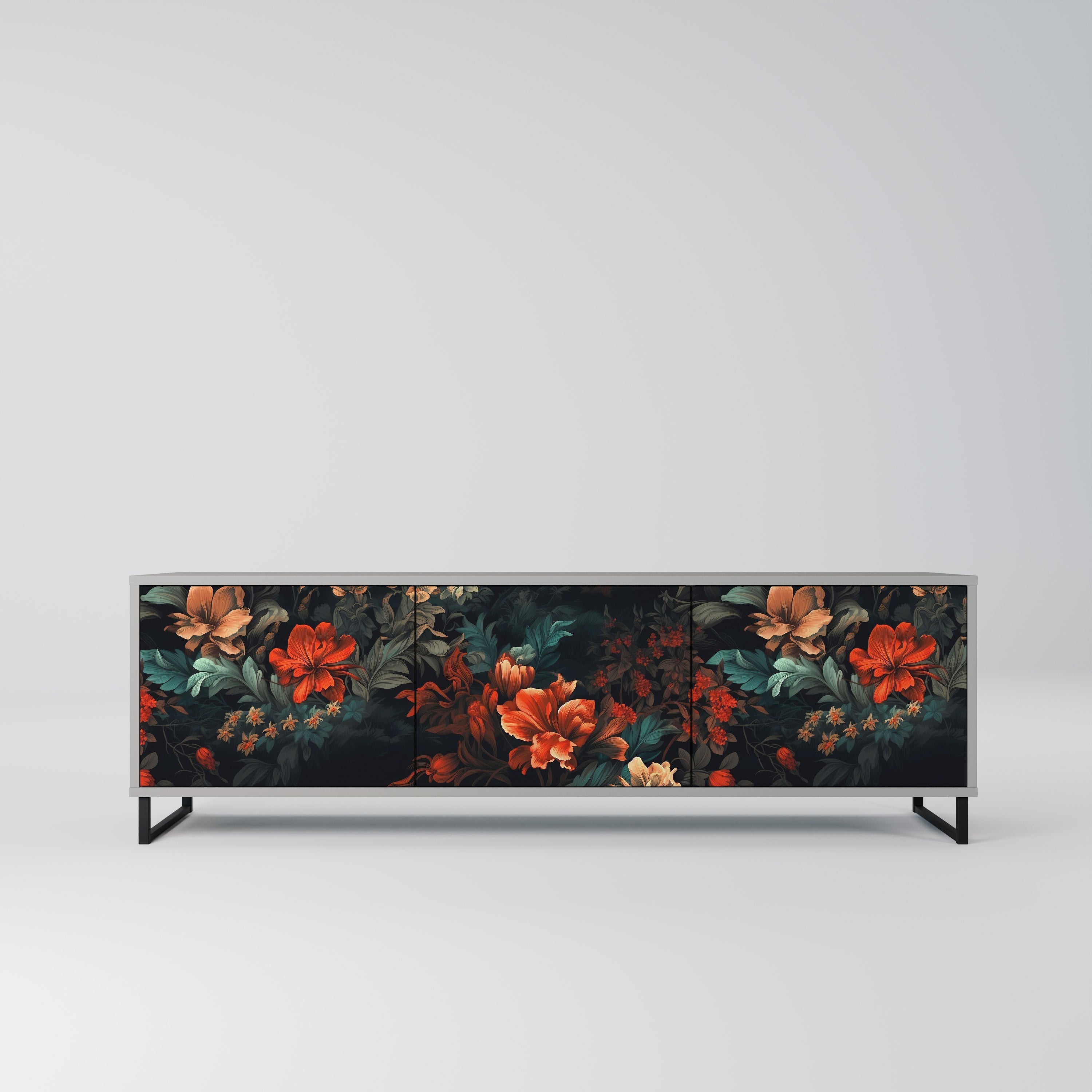 Meuble TV 3 portes IMAGINARY BLOSSOM, finition grise