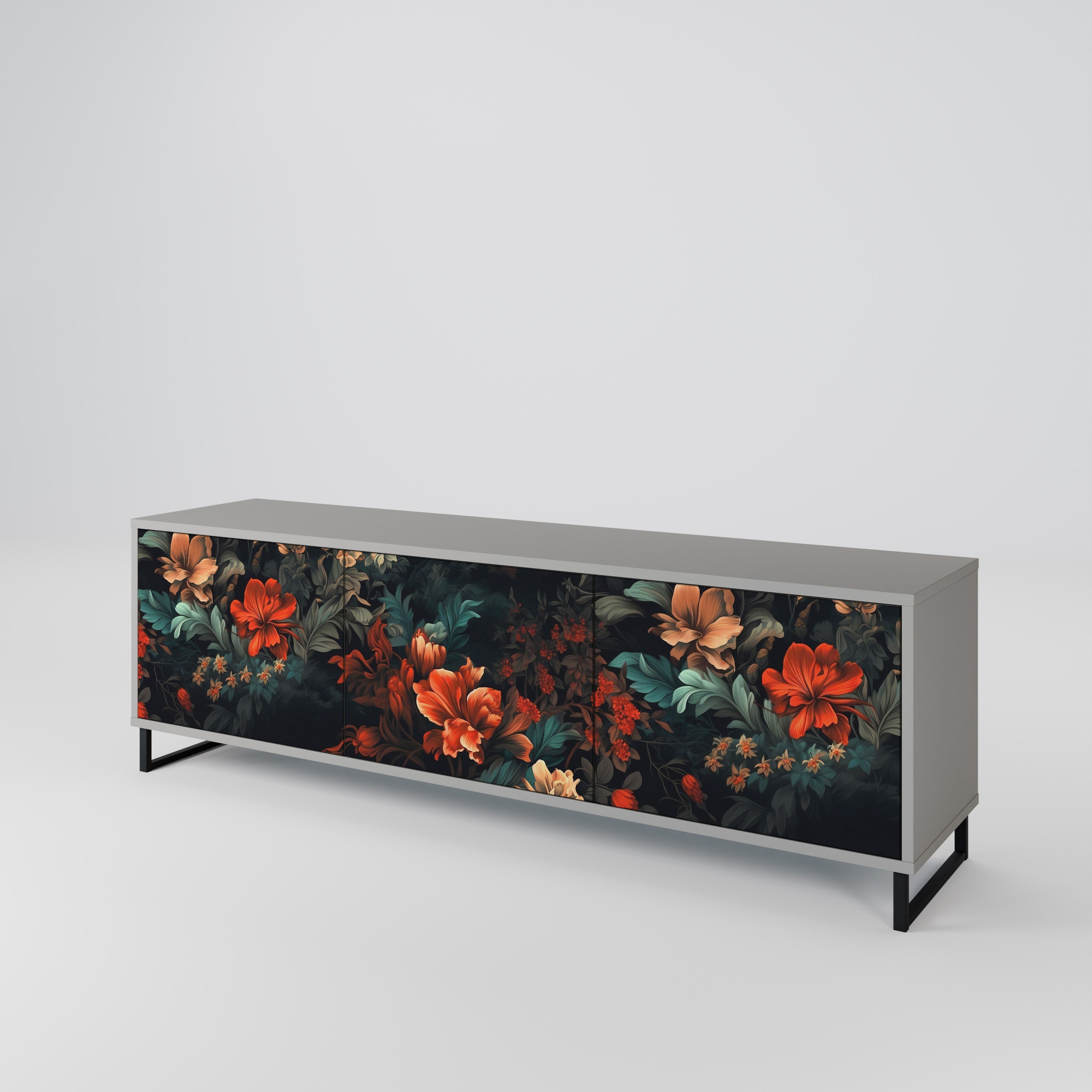 Meuble TV 3 portes IMAGINARY BLOSSOM, finition grise