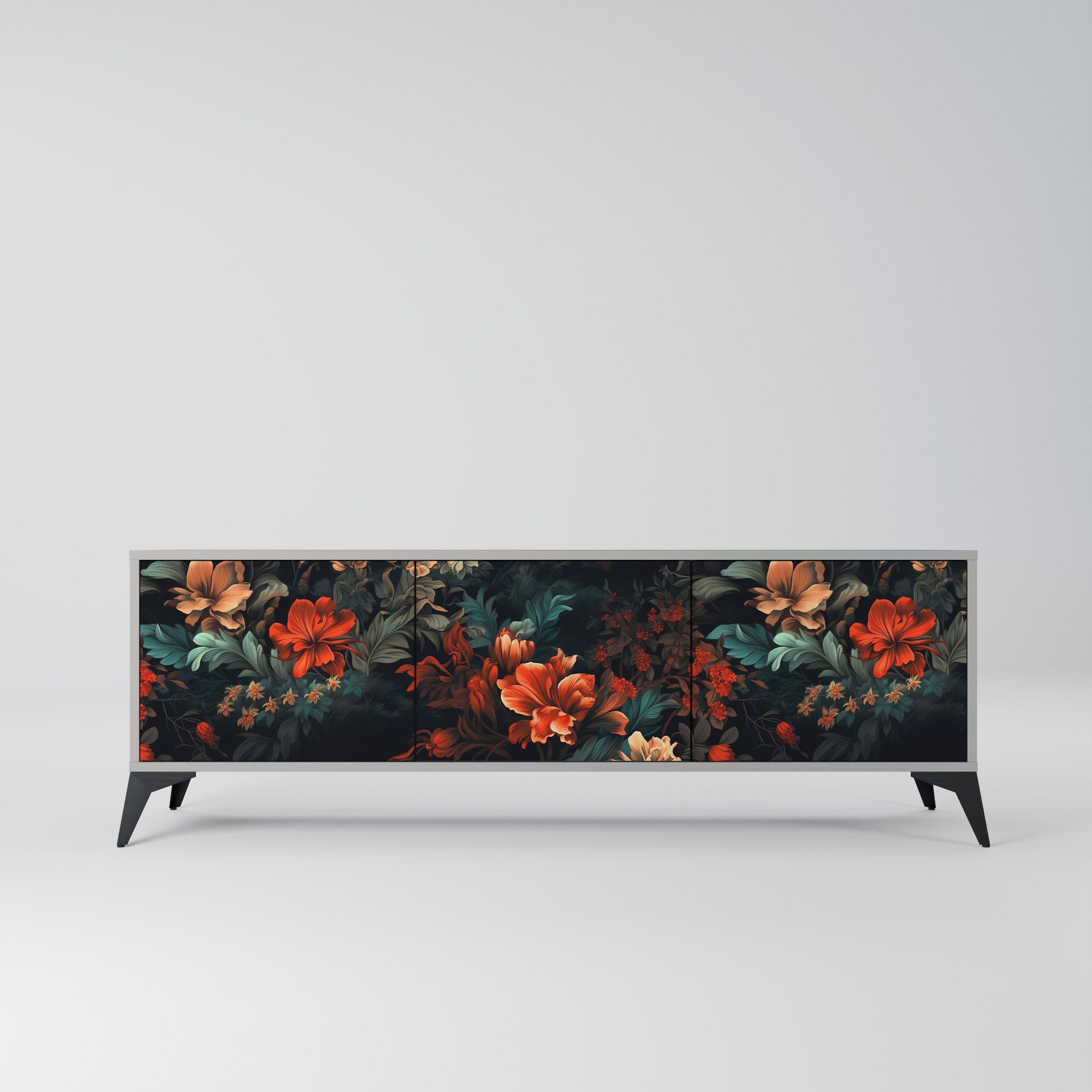 Meuble TV 3 portes IMAGINARY BLOSSOM, finition grise