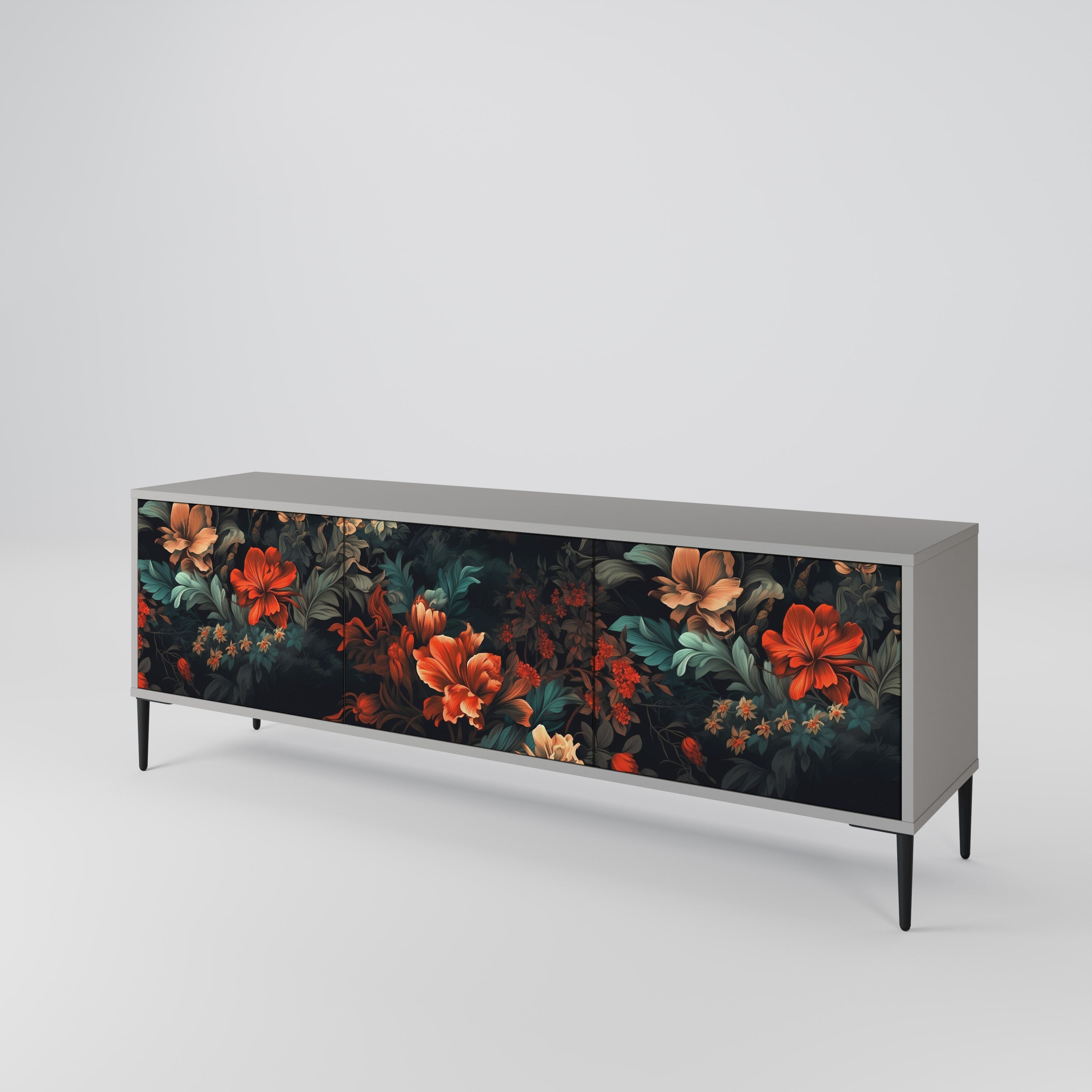 Meuble TV 3 portes IMAGINARY BLOSSOM, finition grise