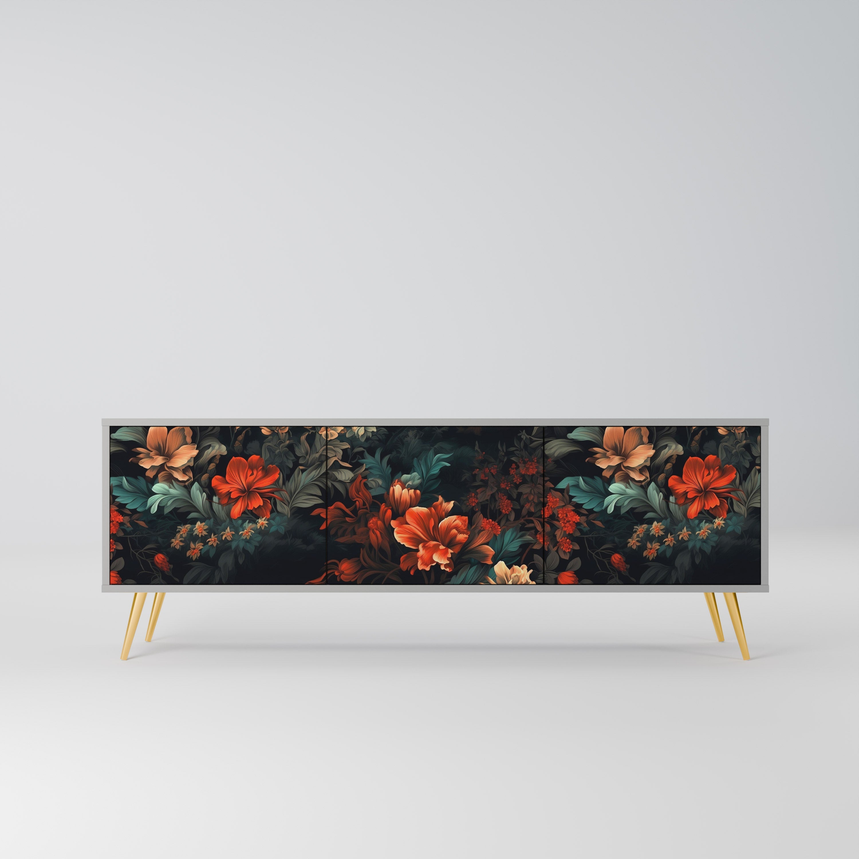 Meuble TV 3 portes IMAGINARY BLOSSOM, finition grise