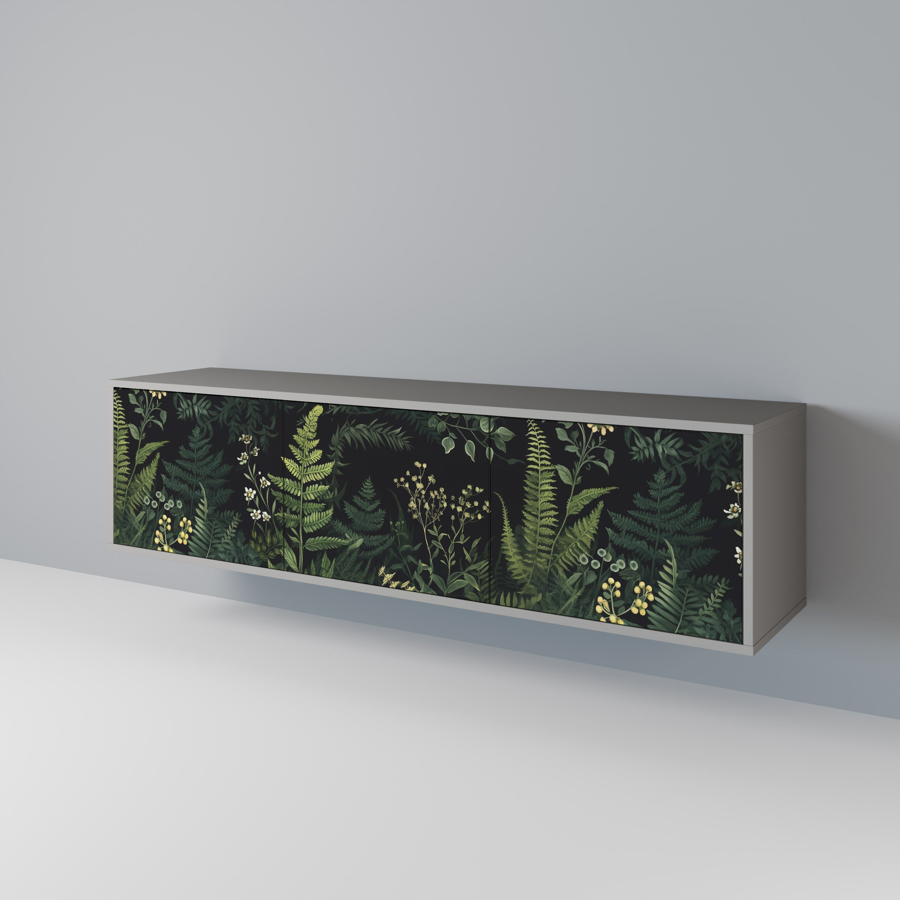 Meuble TV 3 portes FERN FLOWERS, finition grise