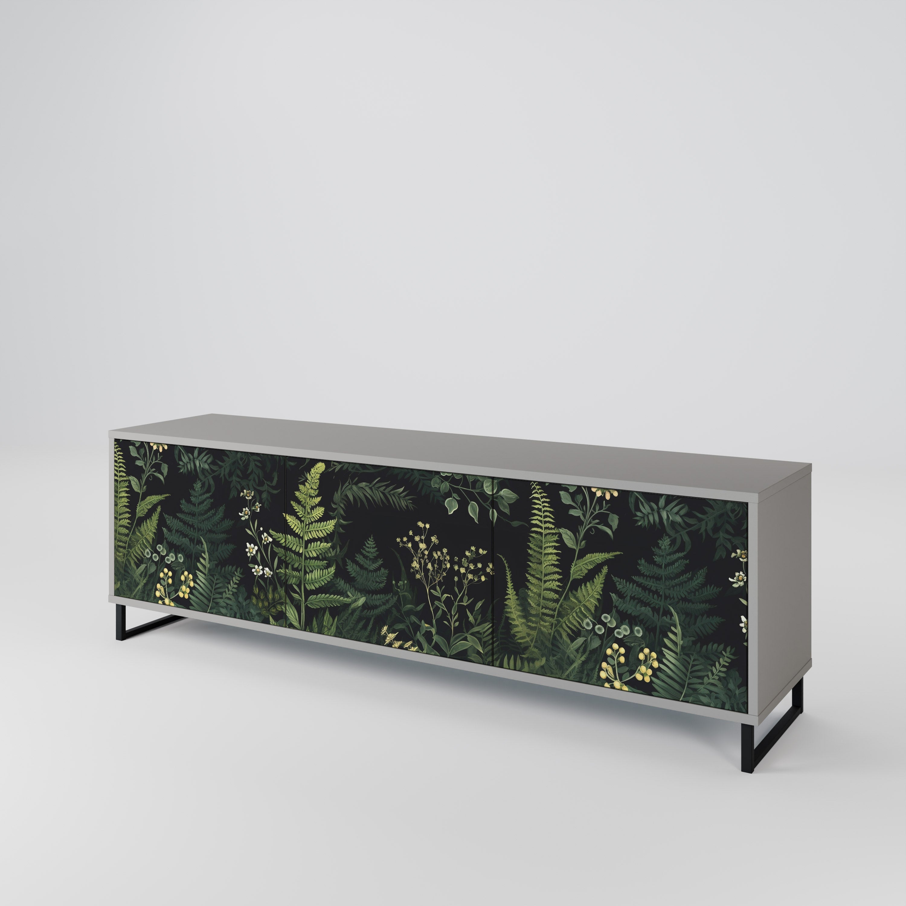 Meuble TV 3 portes FERN FLOWERS, finition grise
