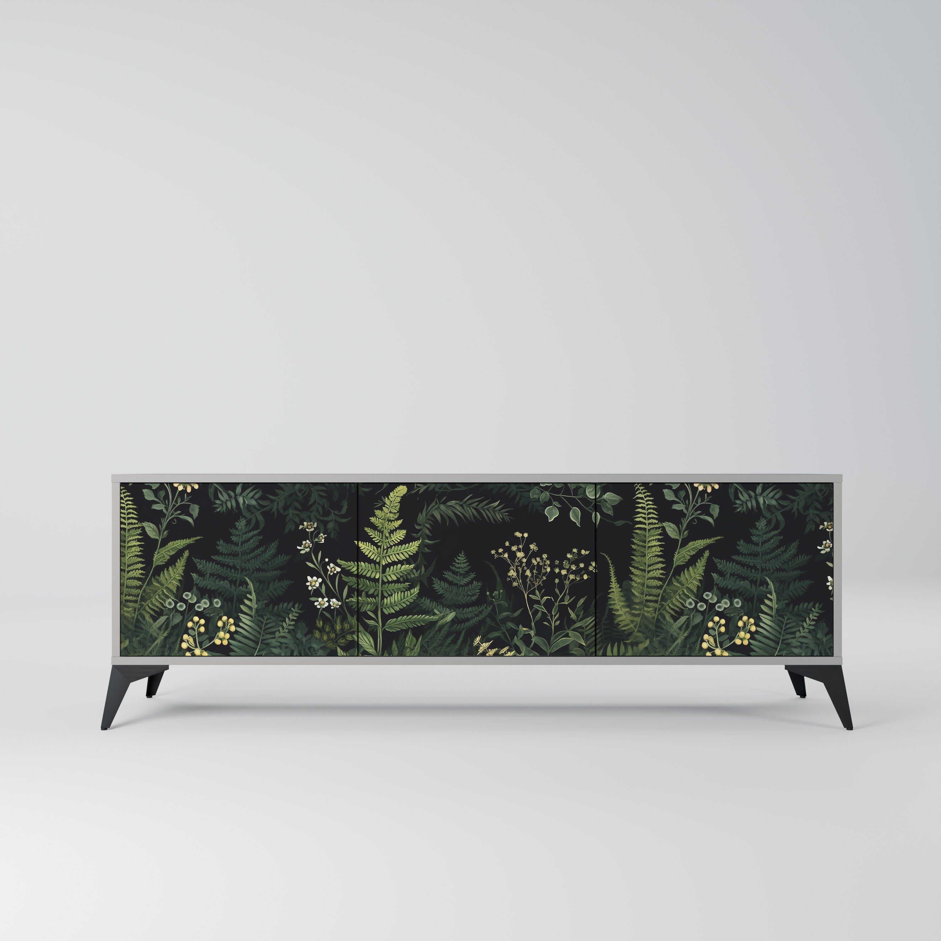 Meuble TV 3 portes FERN FLOWERS, finition grise