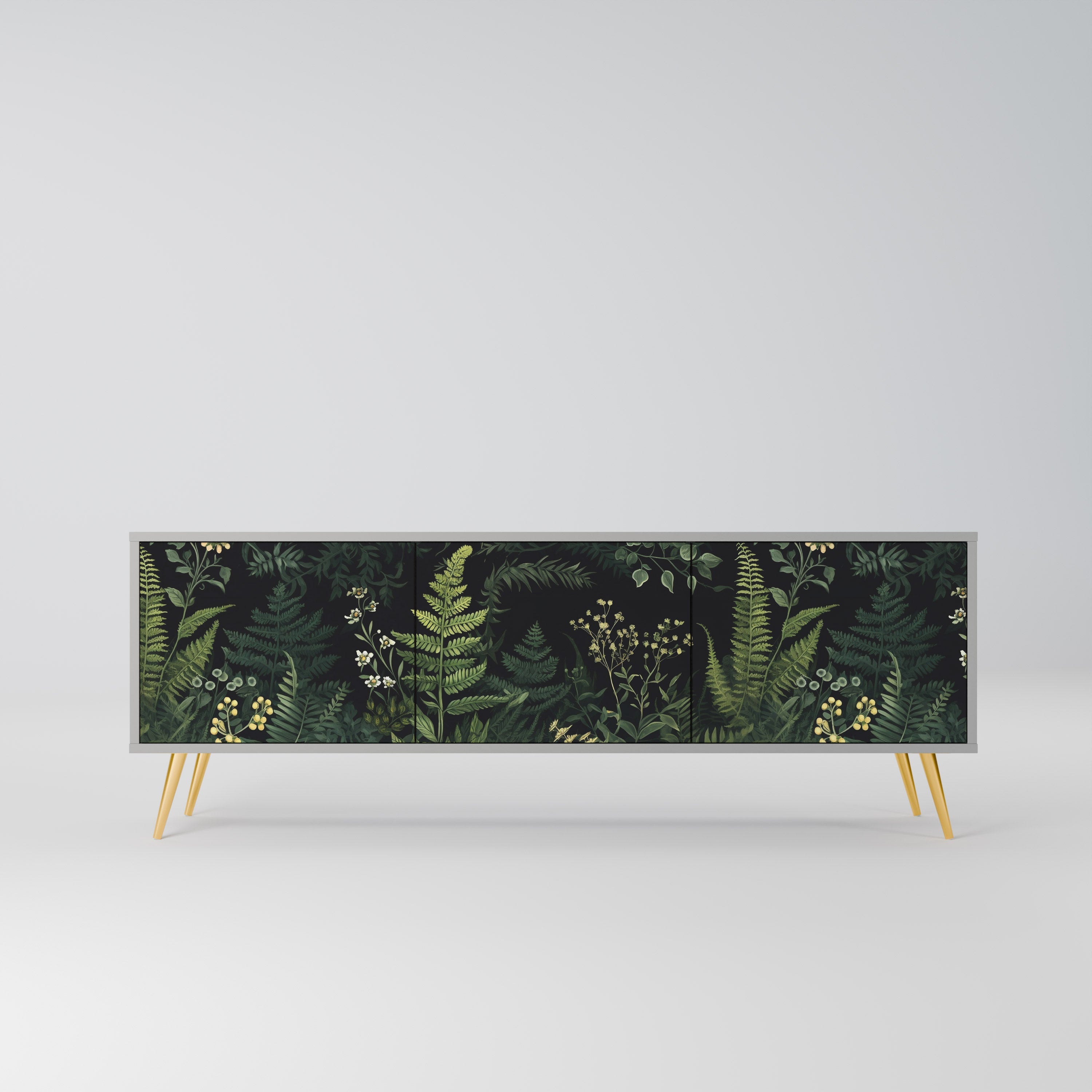 Meuble TV 3 portes FERN FLOWERS, finition grise