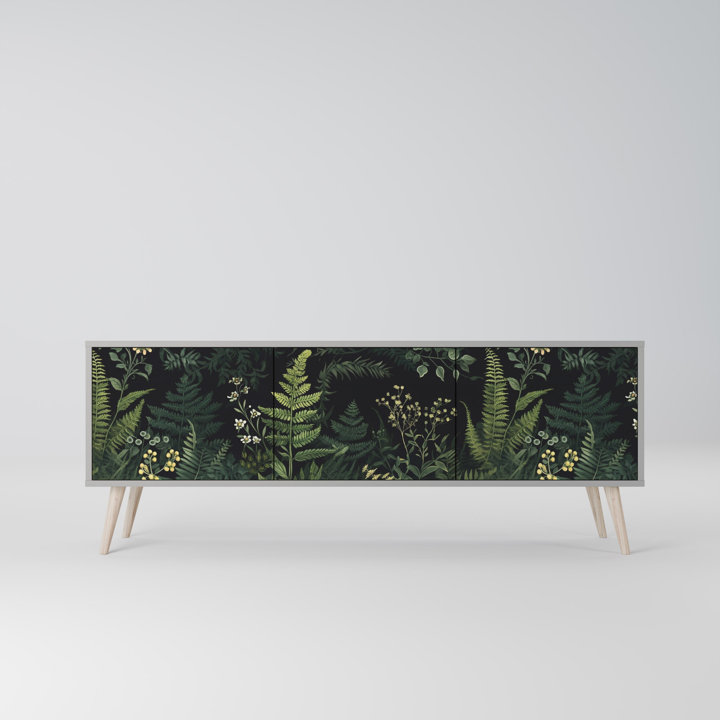 Meuble TV 3 portes FERN FLOWERS, finition grise