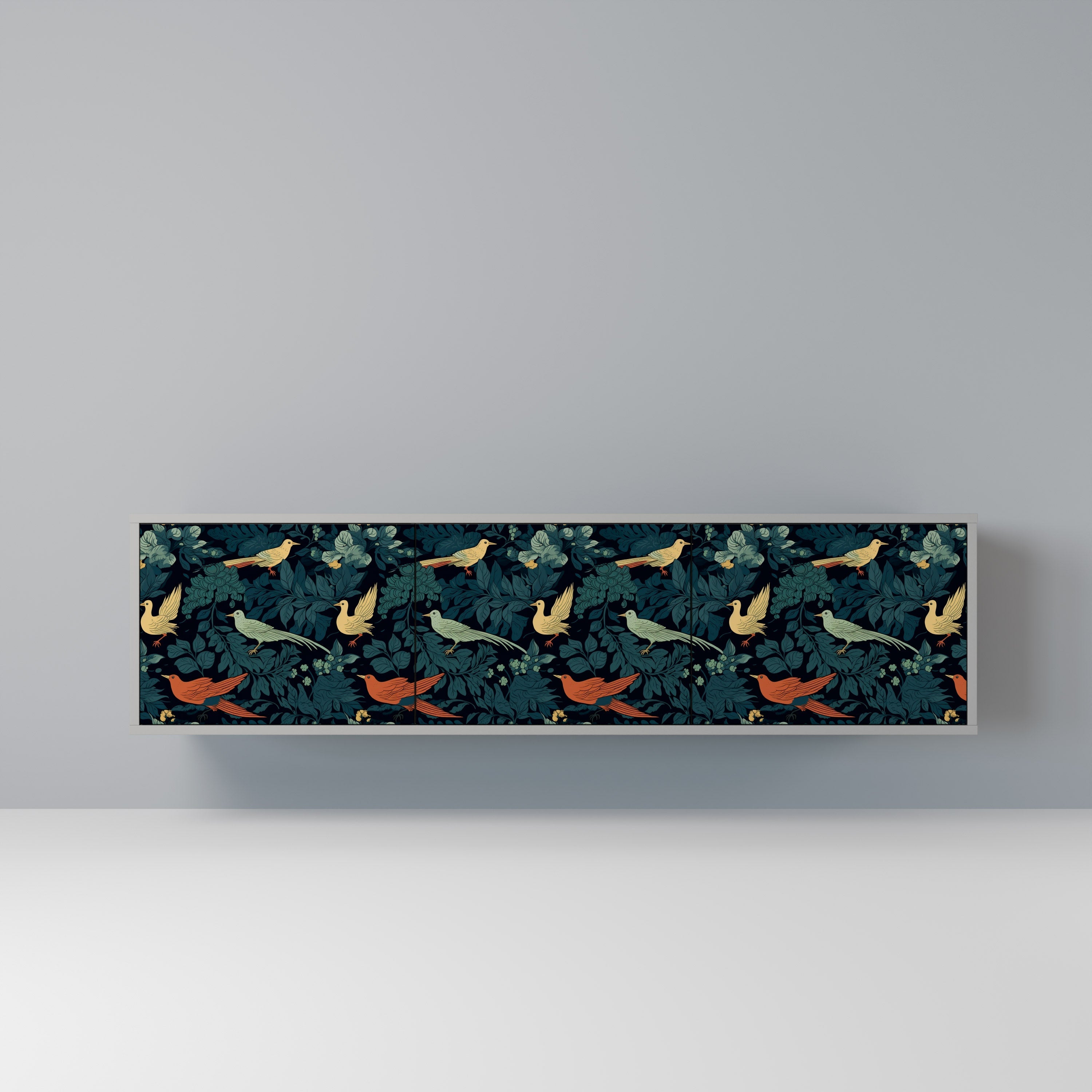 Meuble TV 3 portes FOWL ORNAMENT, finition grise