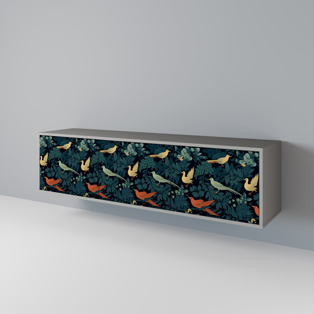 Meuble TV 3 portes FOWL ORNAMENT, finition grise