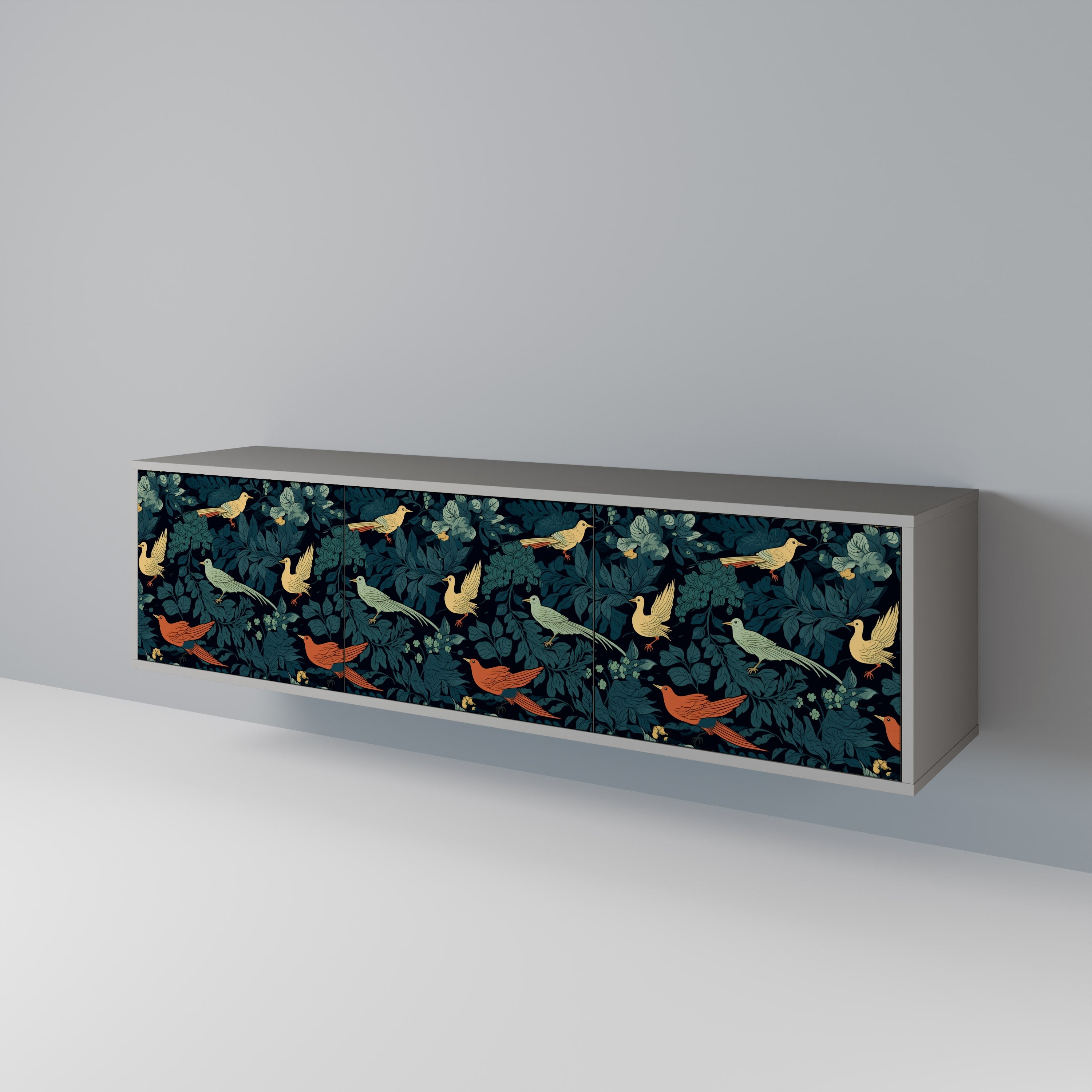 Meuble TV 3 portes FOWL ORNAMENT, finition grise