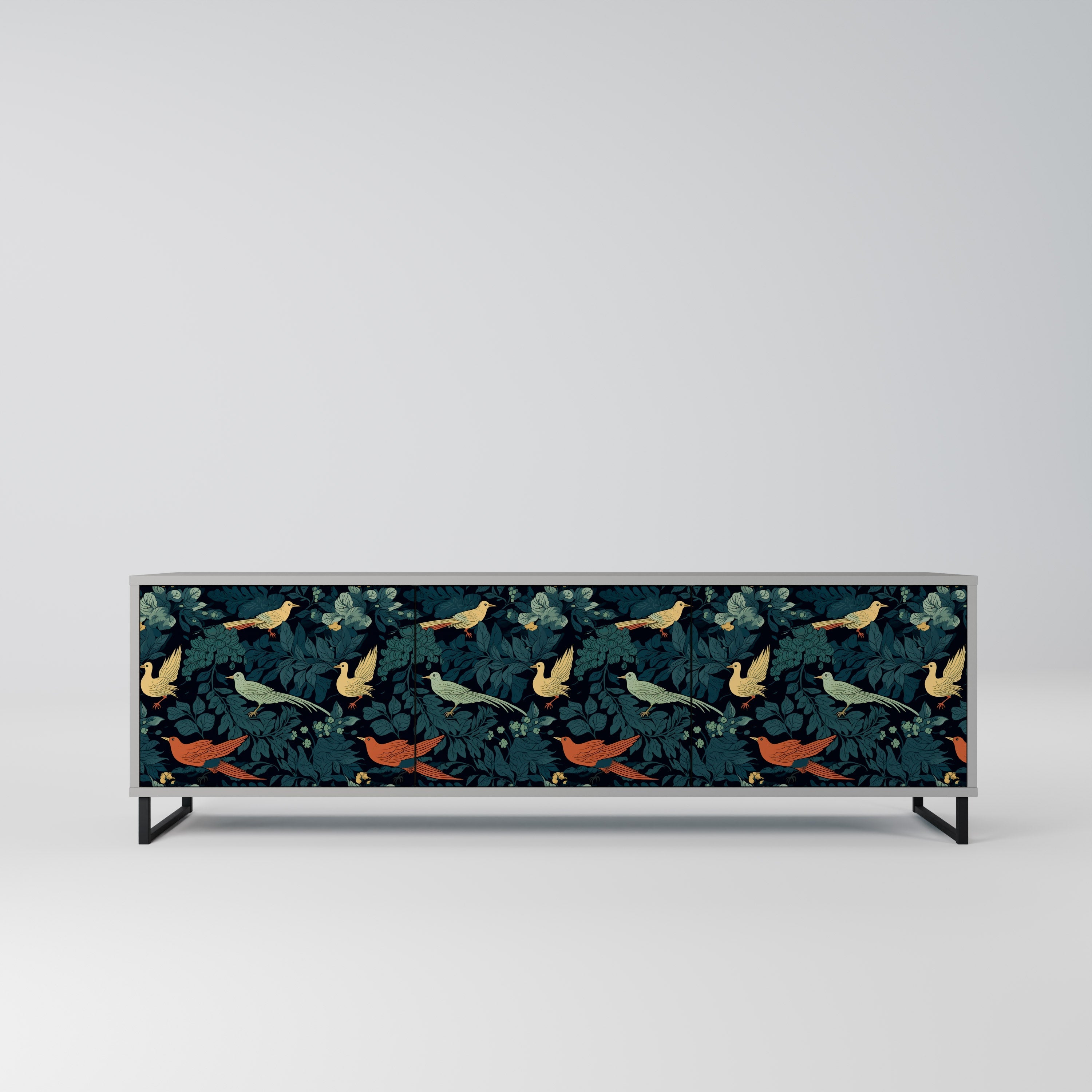 Meuble TV 3 portes FOWL ORNAMENT, finition grise