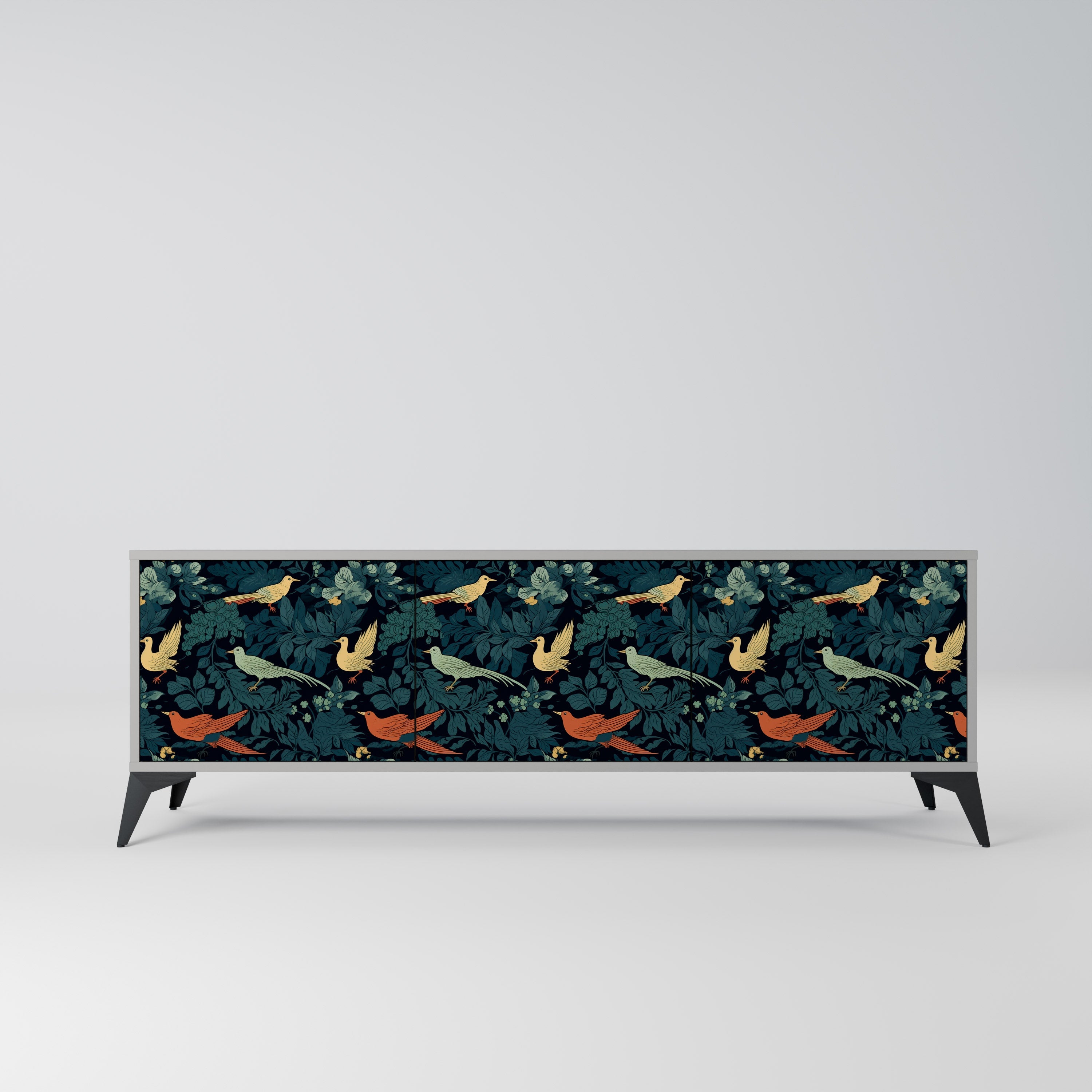 Meuble TV 3 portes FOWL ORNAMENT, finition grise