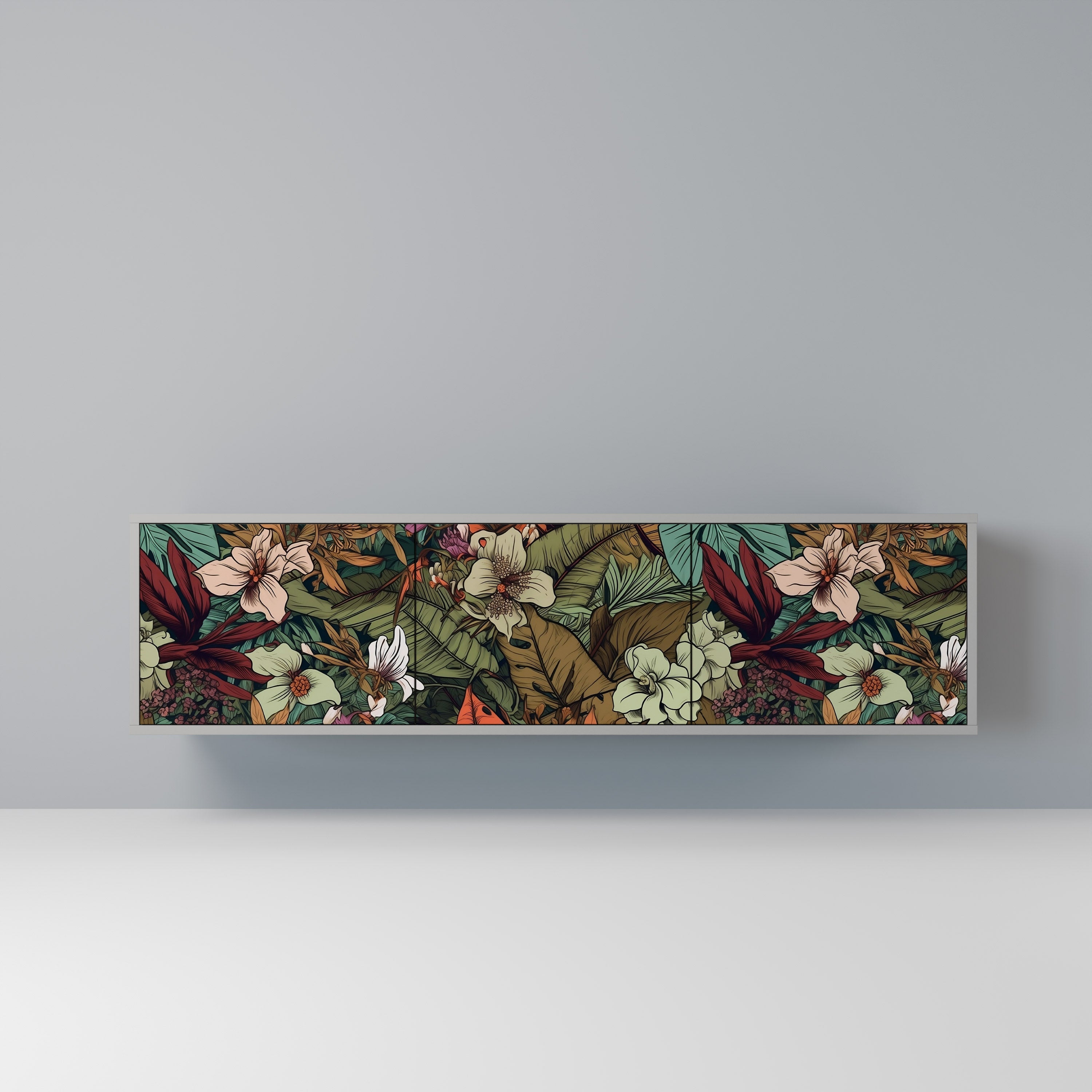 Meuble TV 3 portes BOTANICAL EMERGENCE, finition grise