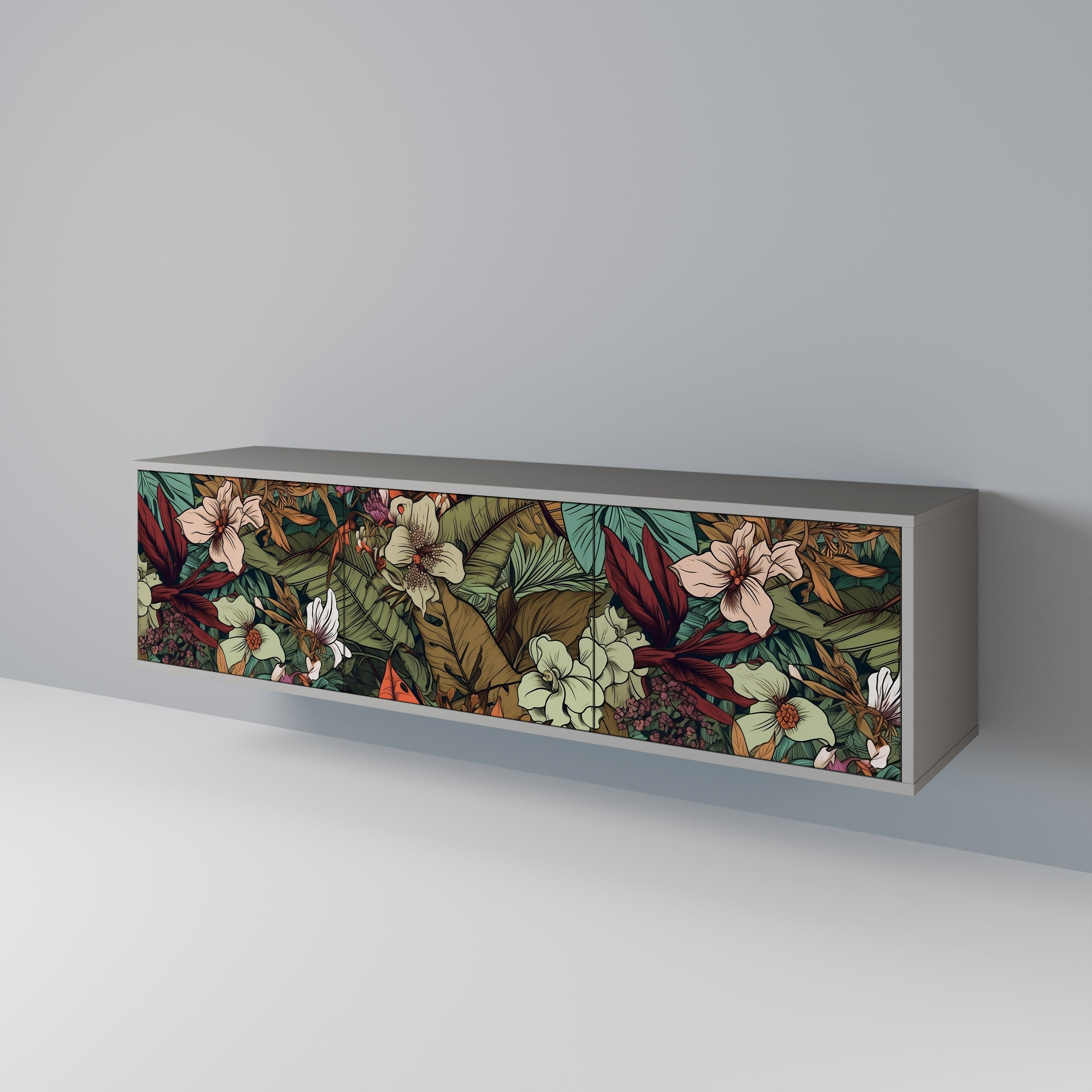 Meuble TV 3 portes BOTANICAL EMERGENCE, finition grise