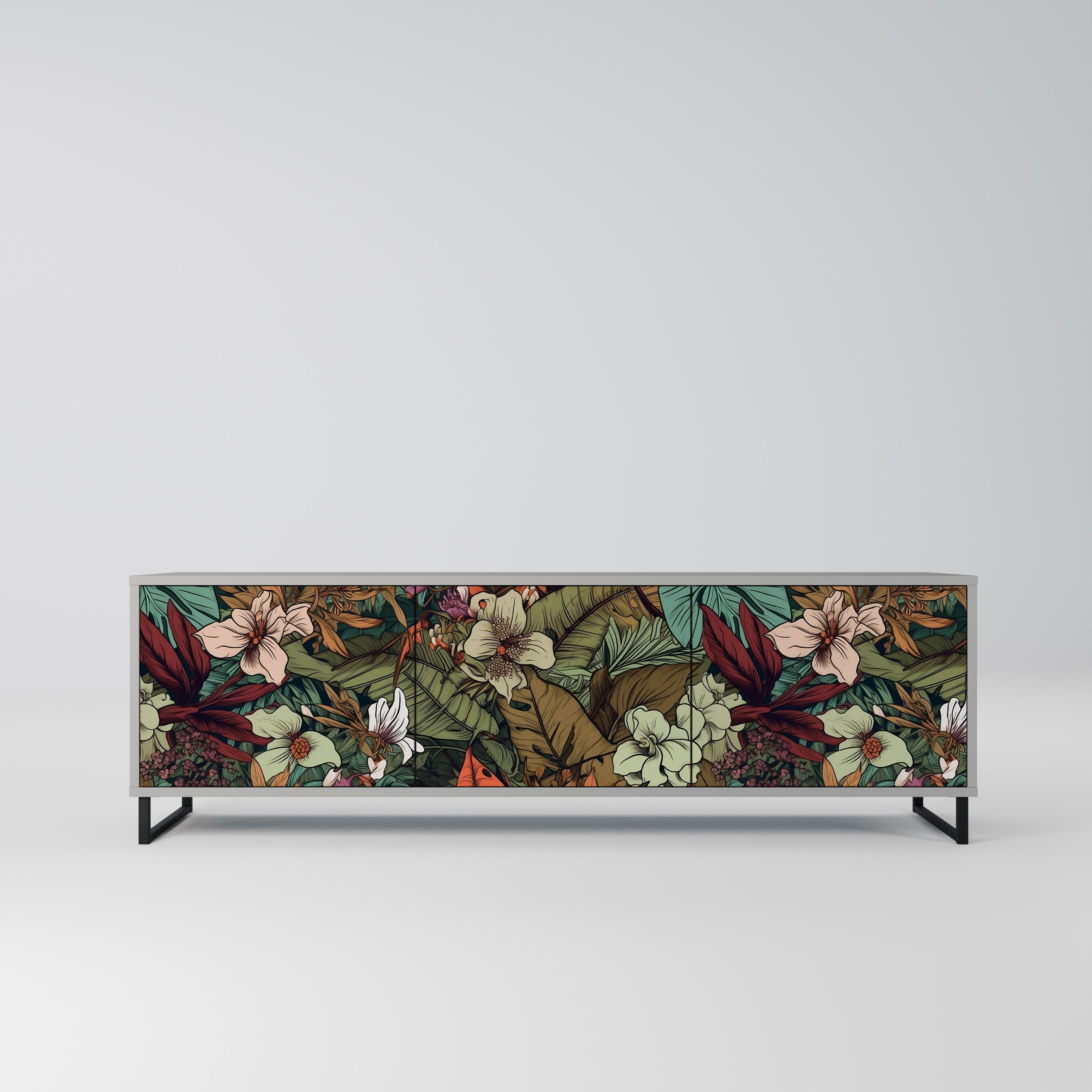 Meuble TV 3 portes BOTANICAL EMERGENCE, finition grise