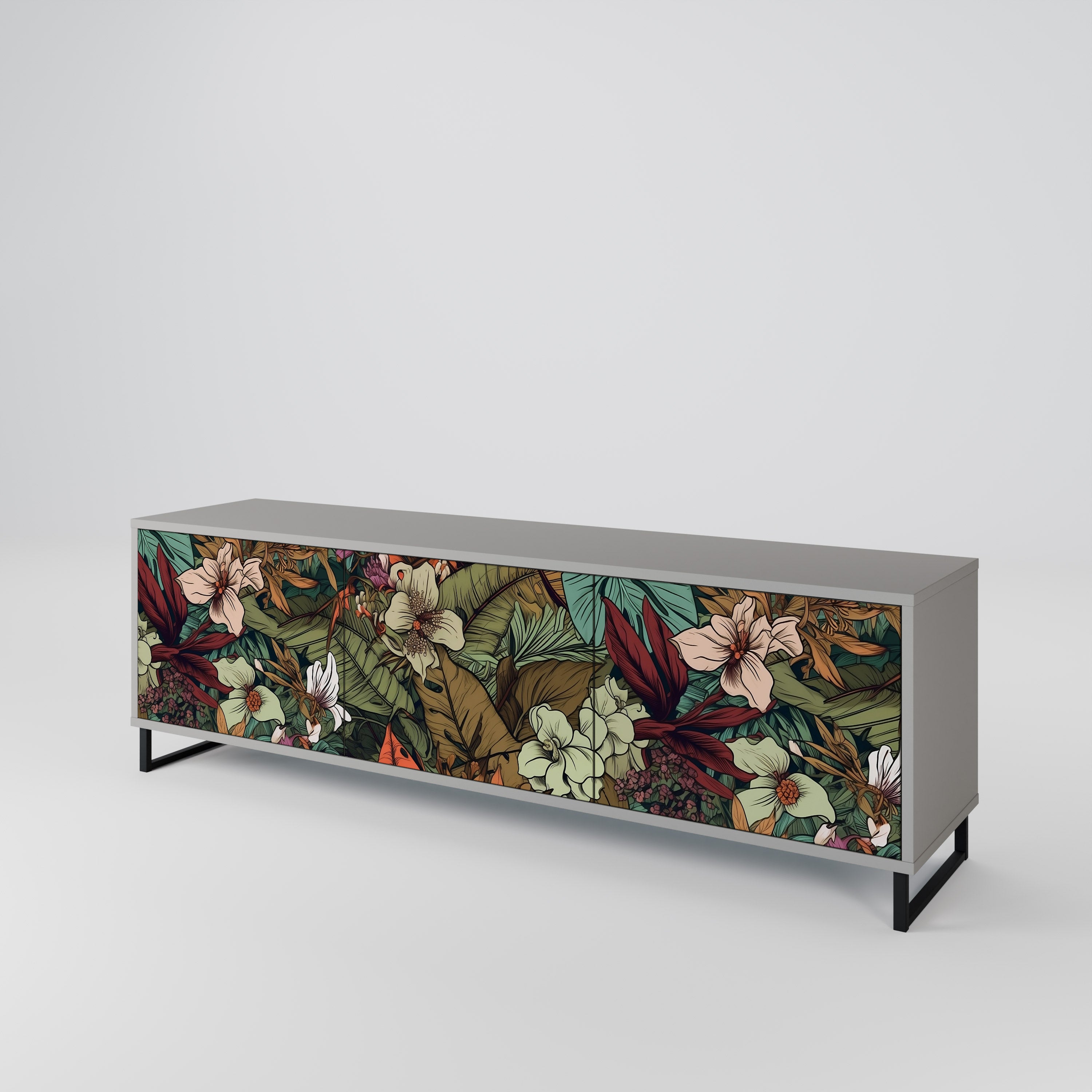 Meuble TV 3 portes BOTANICAL EMERGENCE, finition grise