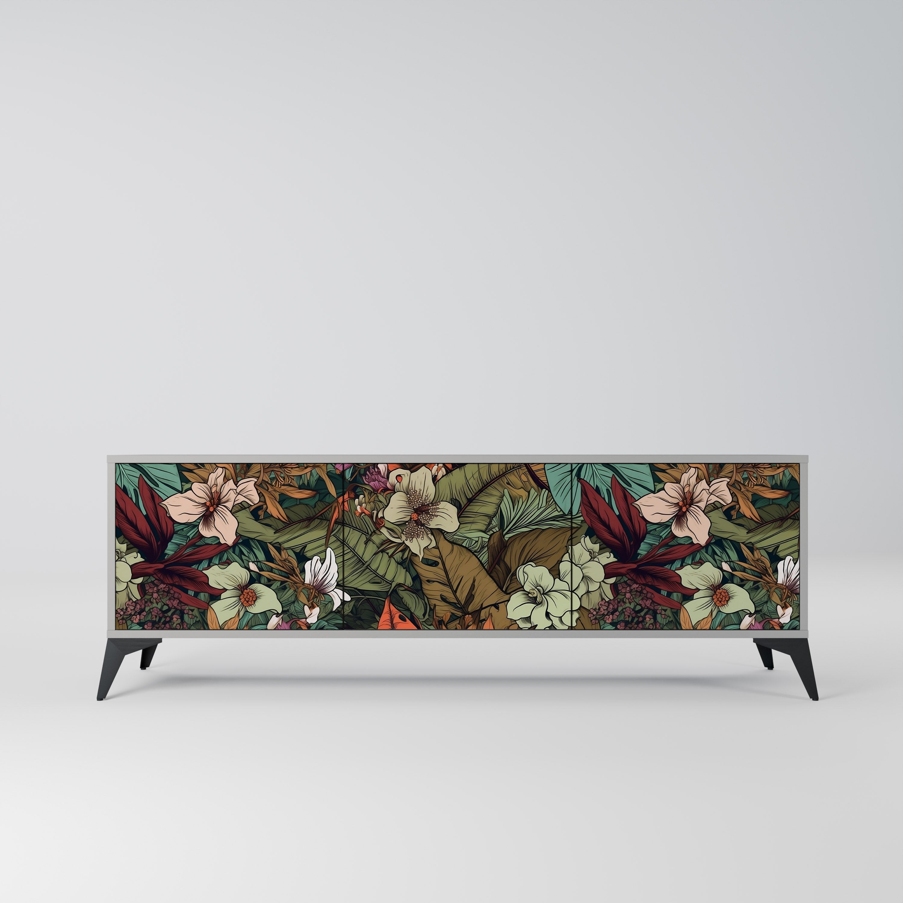 Meuble TV 3 portes BOTANICAL EMERGENCE, finition grise