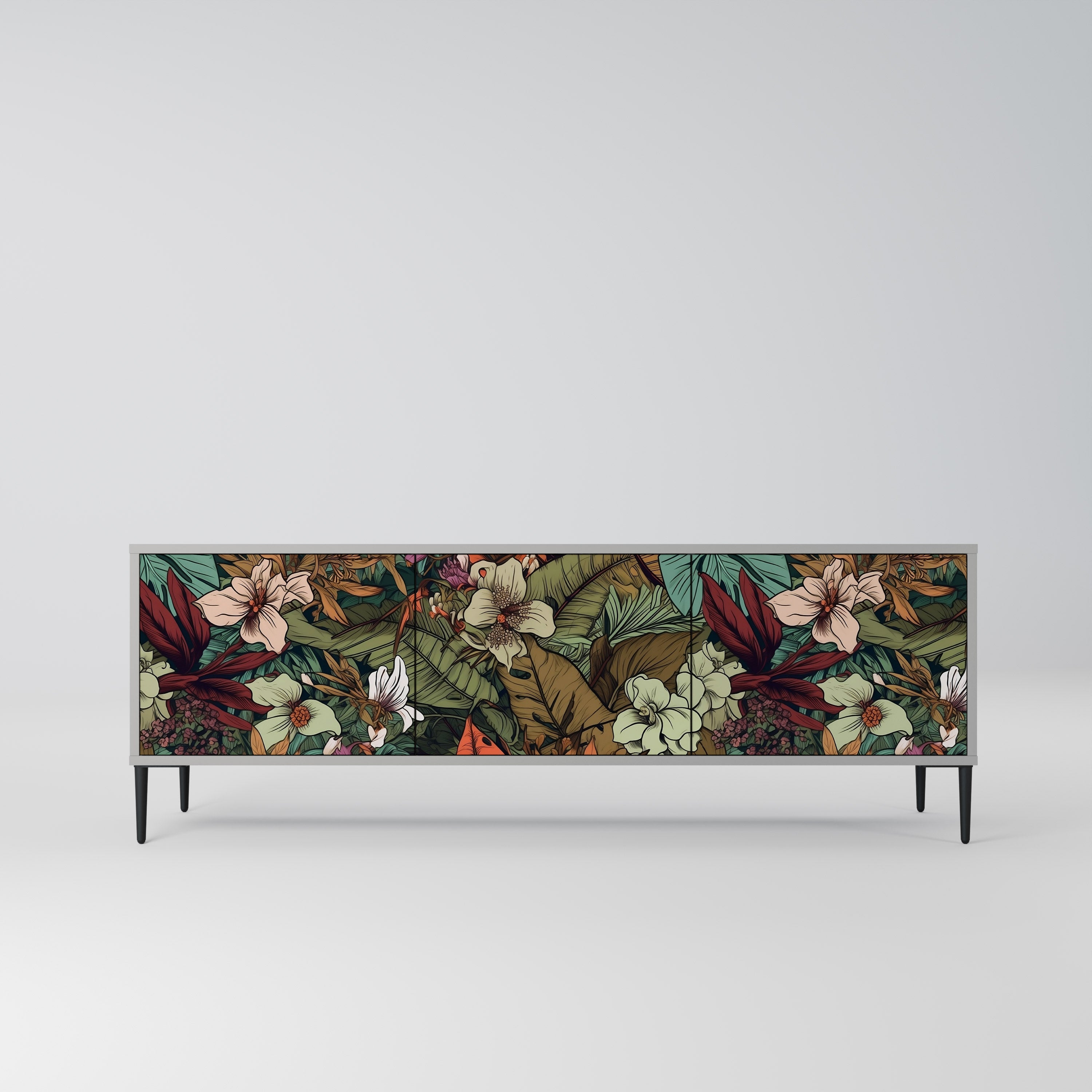 Meuble TV 3 portes BOTANICAL EMERGENCE, finition grise