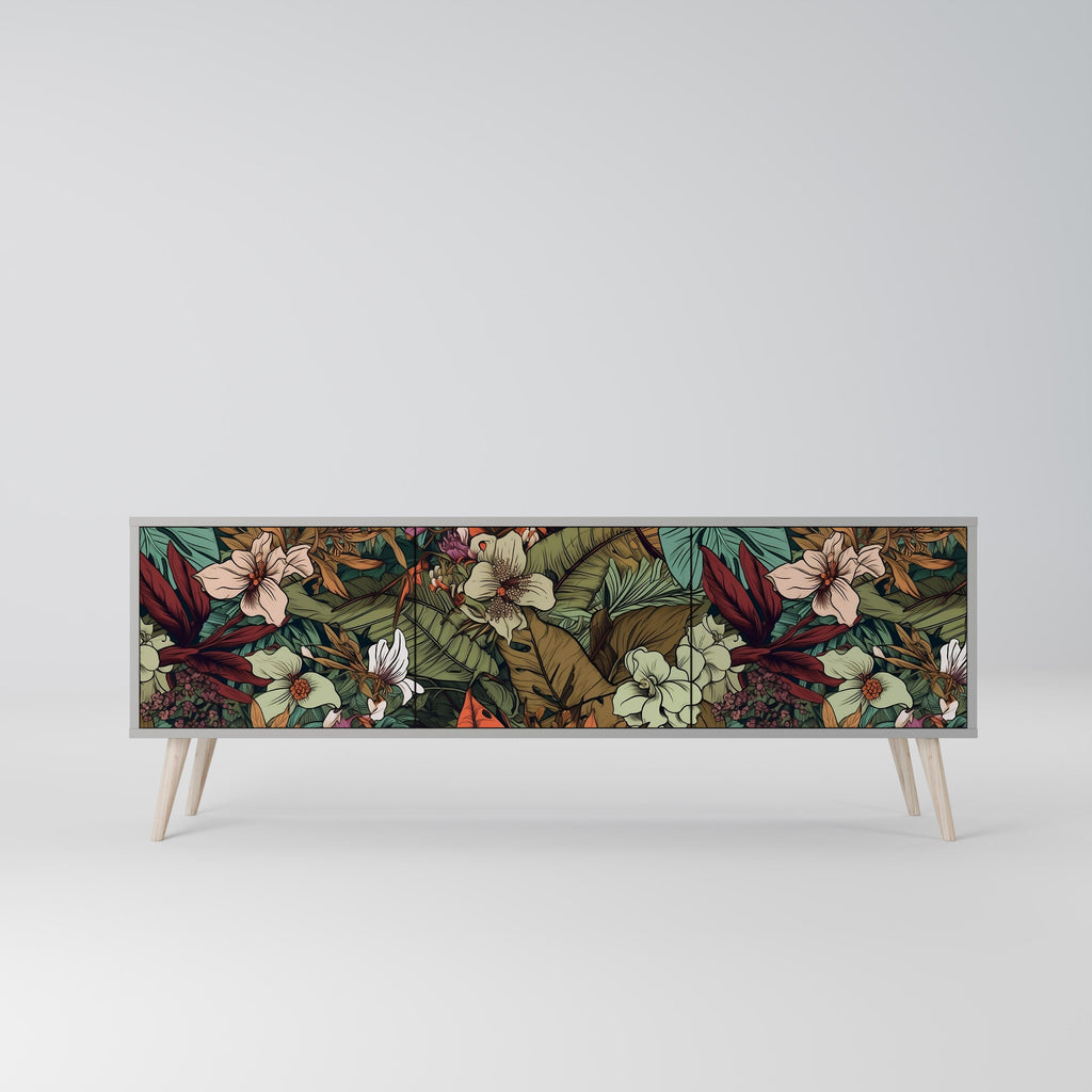 Meuble TV 3 portes BOTANICAL EMERGENCE, finition grise