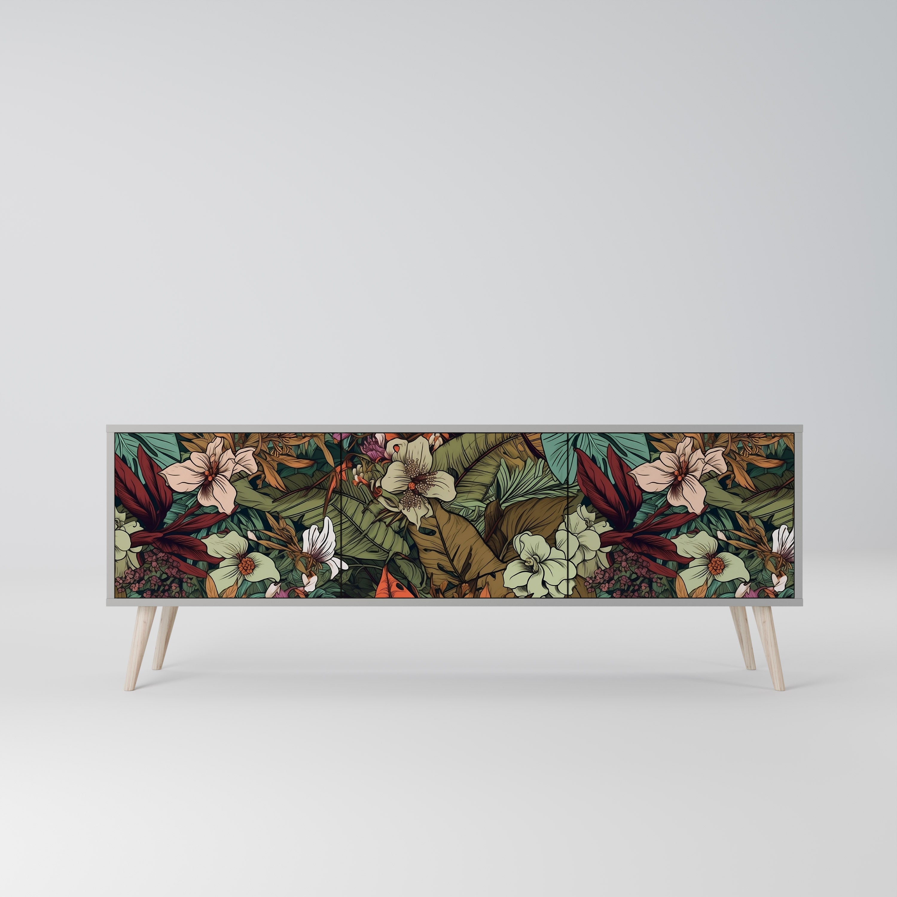 Meuble TV 3 portes BOTANICAL EMERGENCE, finition grise