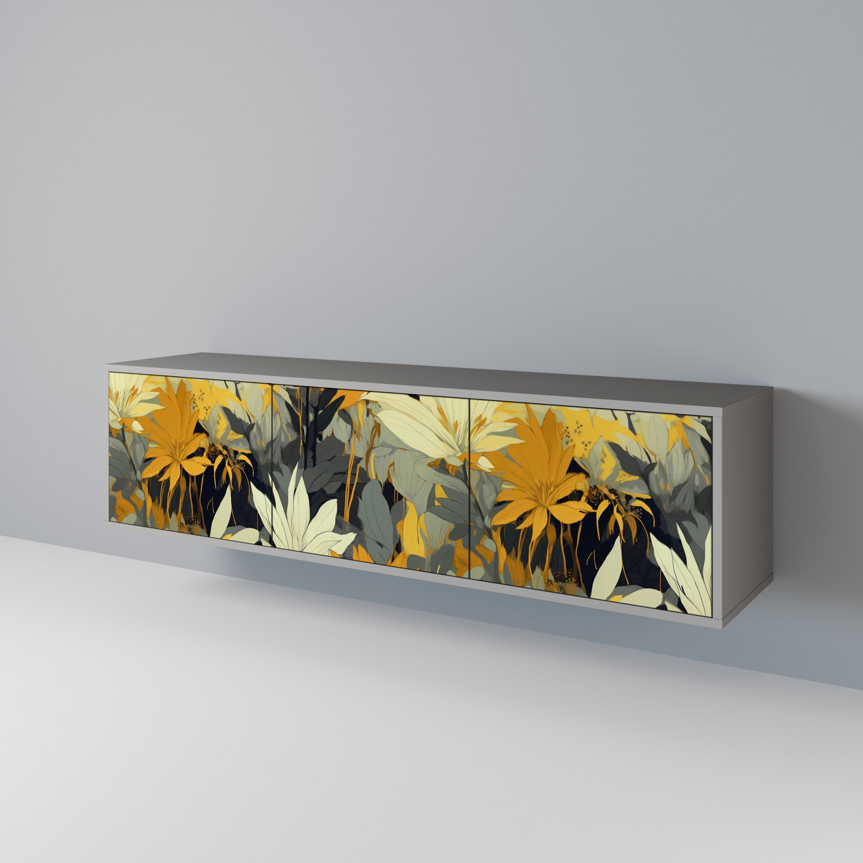 Meuble TV 3 portes SUNKISSED LILY, finition grise