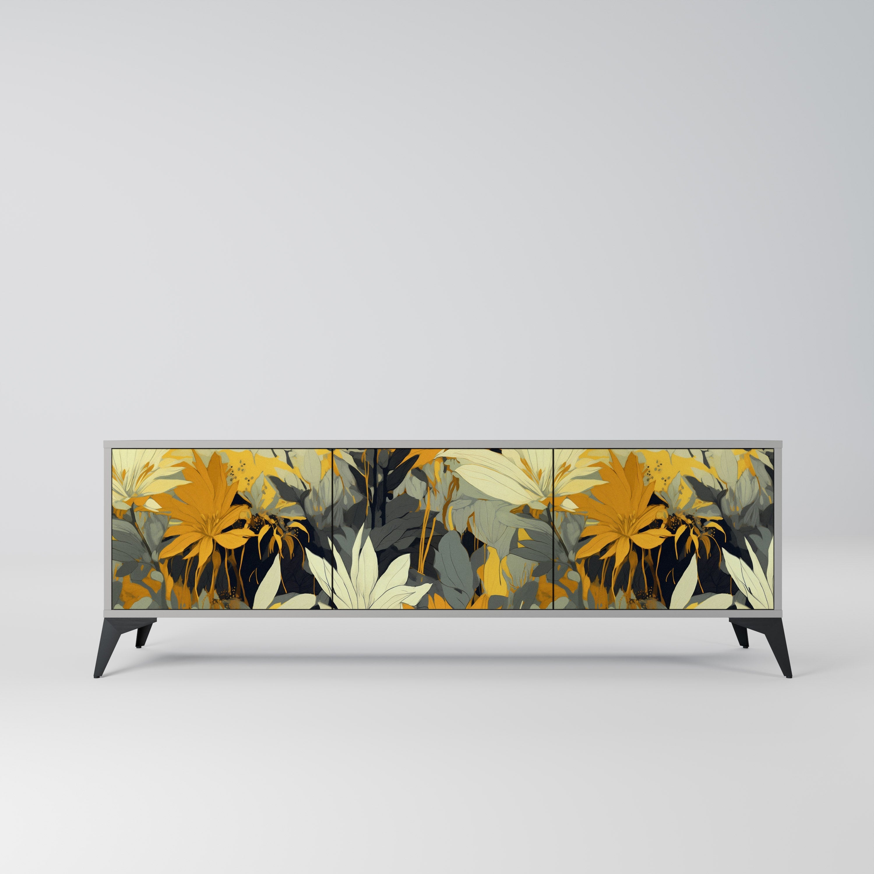 Meuble TV 3 portes SUNKISSED LILY, finition grise