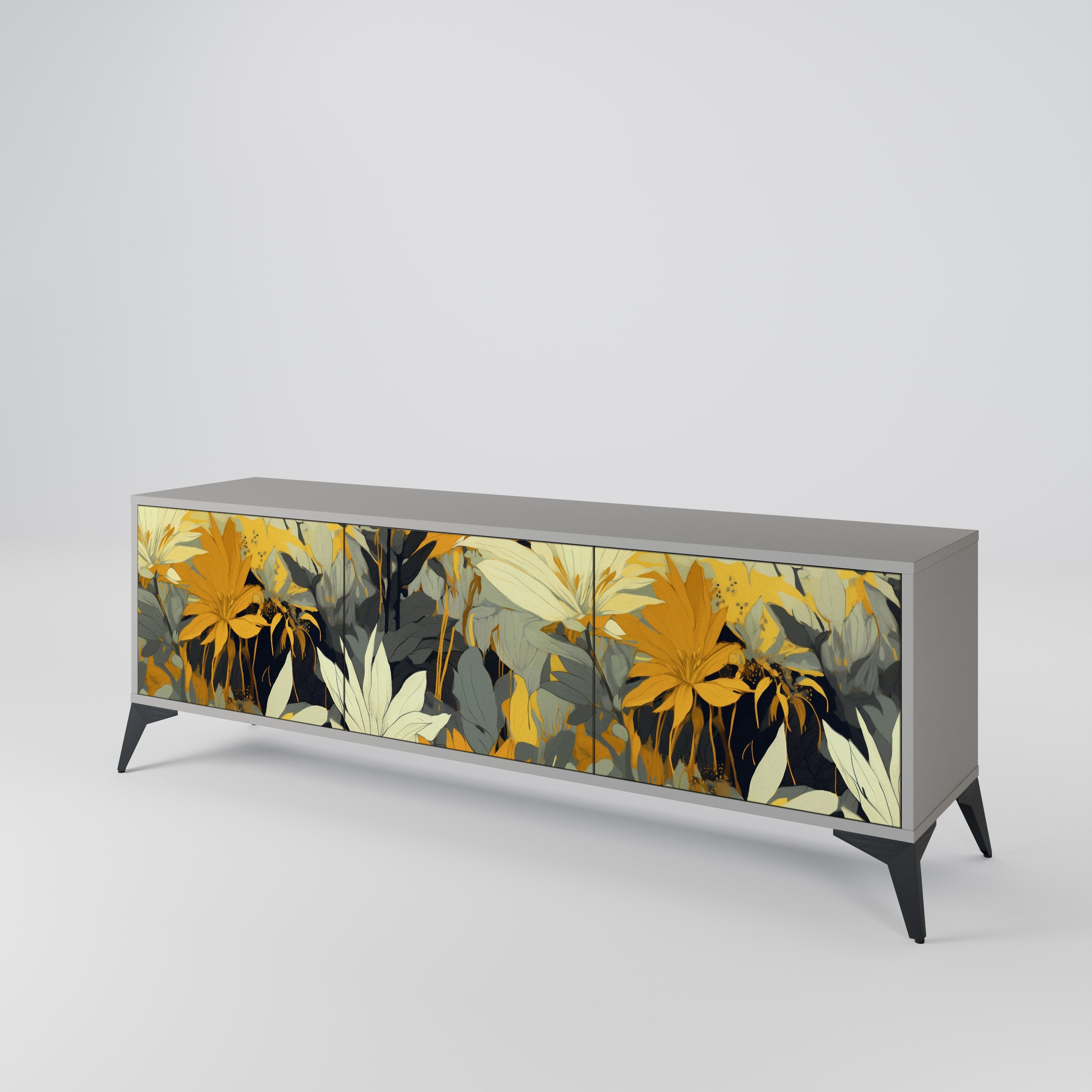 Meuble TV 3 portes SUNKISSED LILY, finition grise