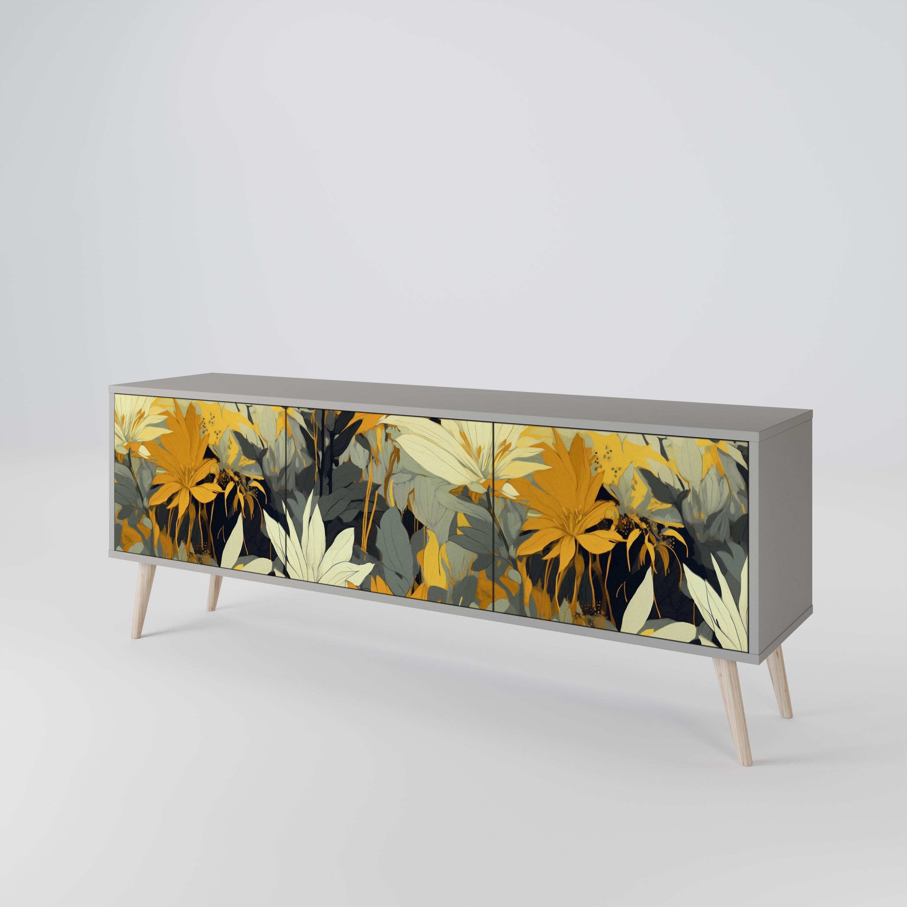 Meuble TV 3 portes SUNKISSED LILY, finition grise