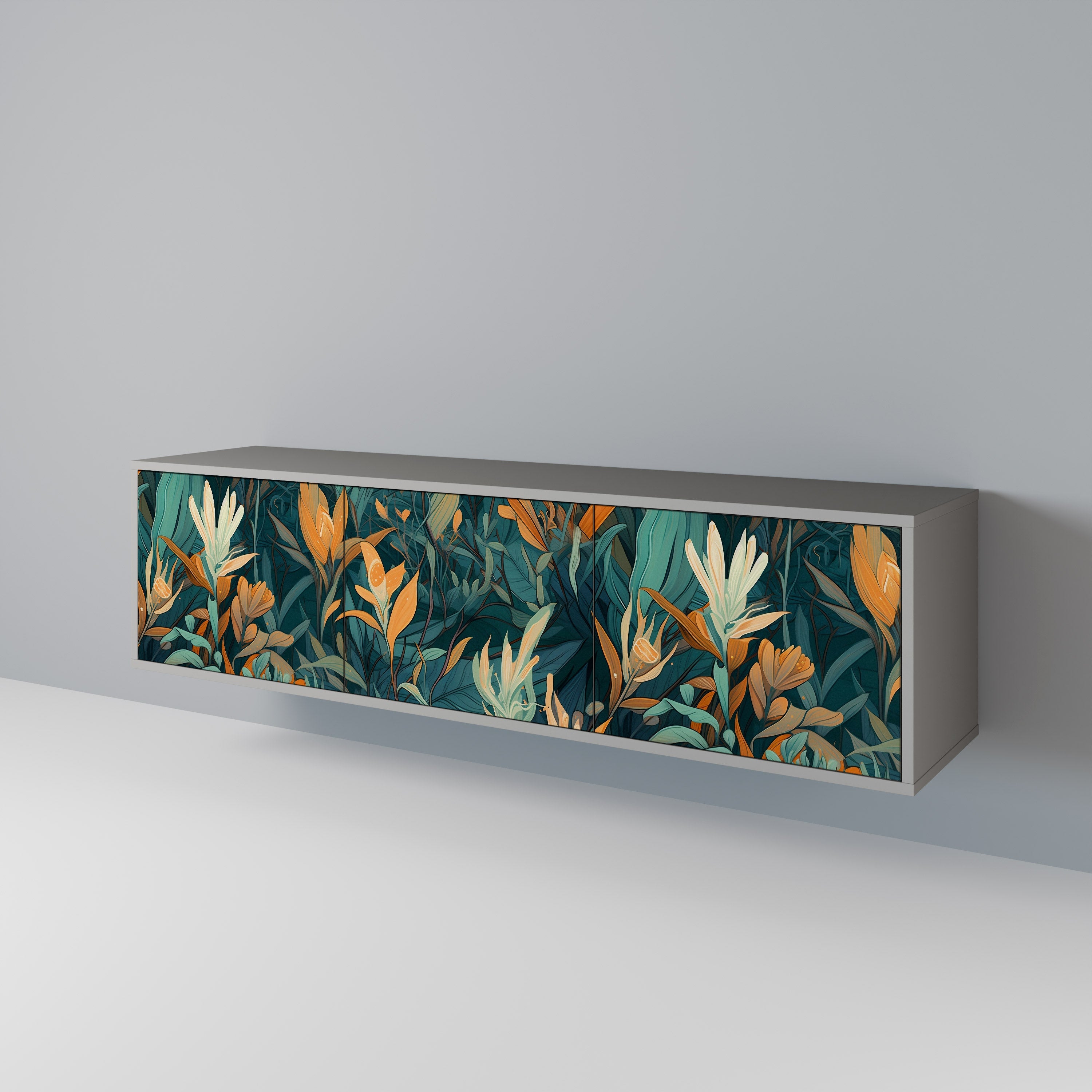 Meuble TV 3 portes FLORAL SERENITY, finition grise