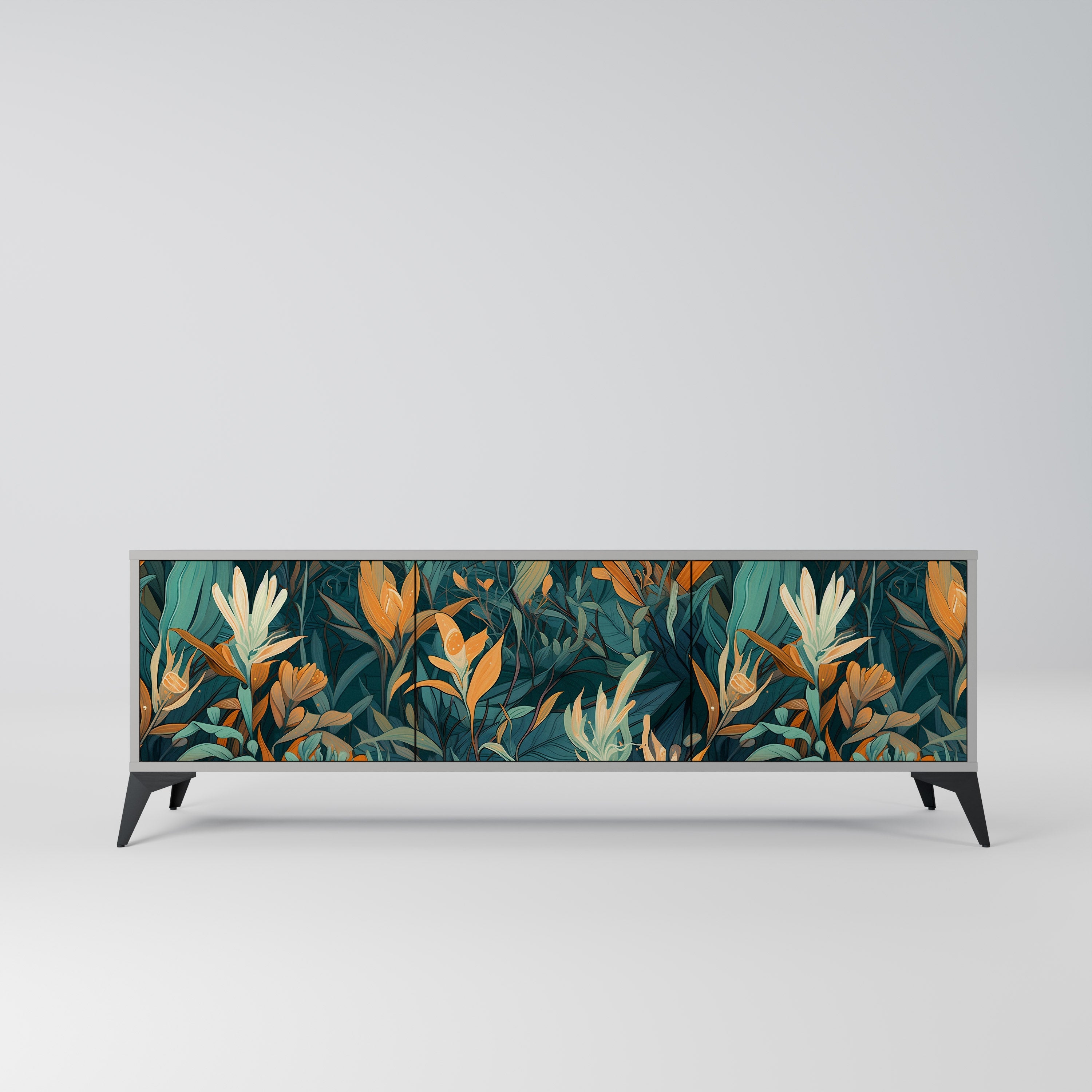 Meuble TV 3 portes FLORAL SERENITY, finition grise