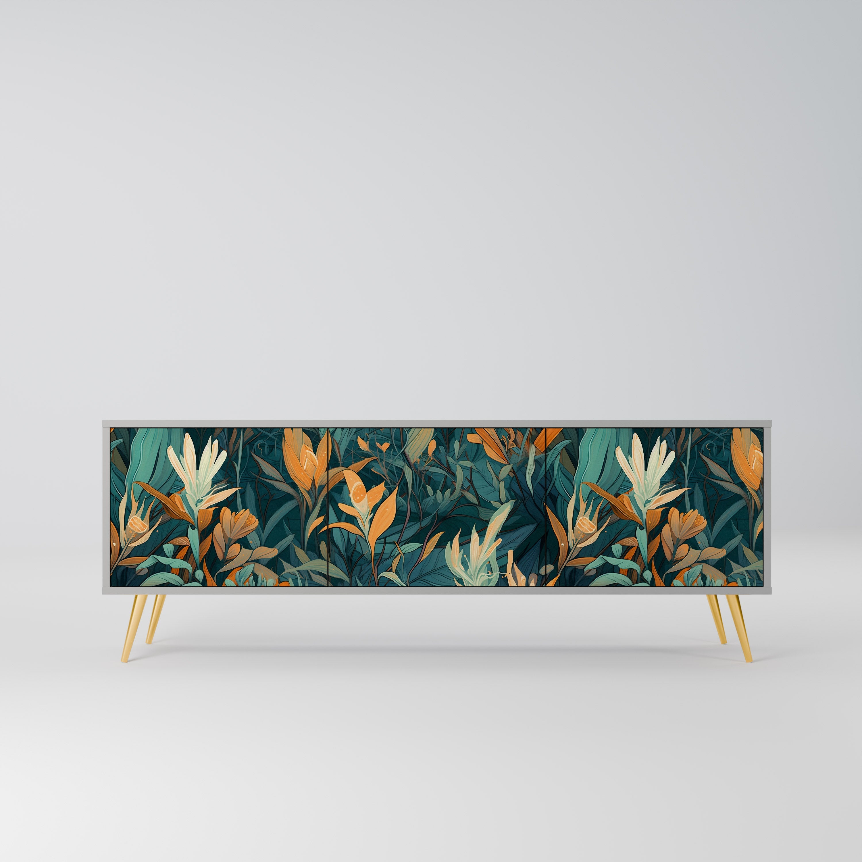 Meuble TV 3 portes FLORAL SERENITY, finition grise