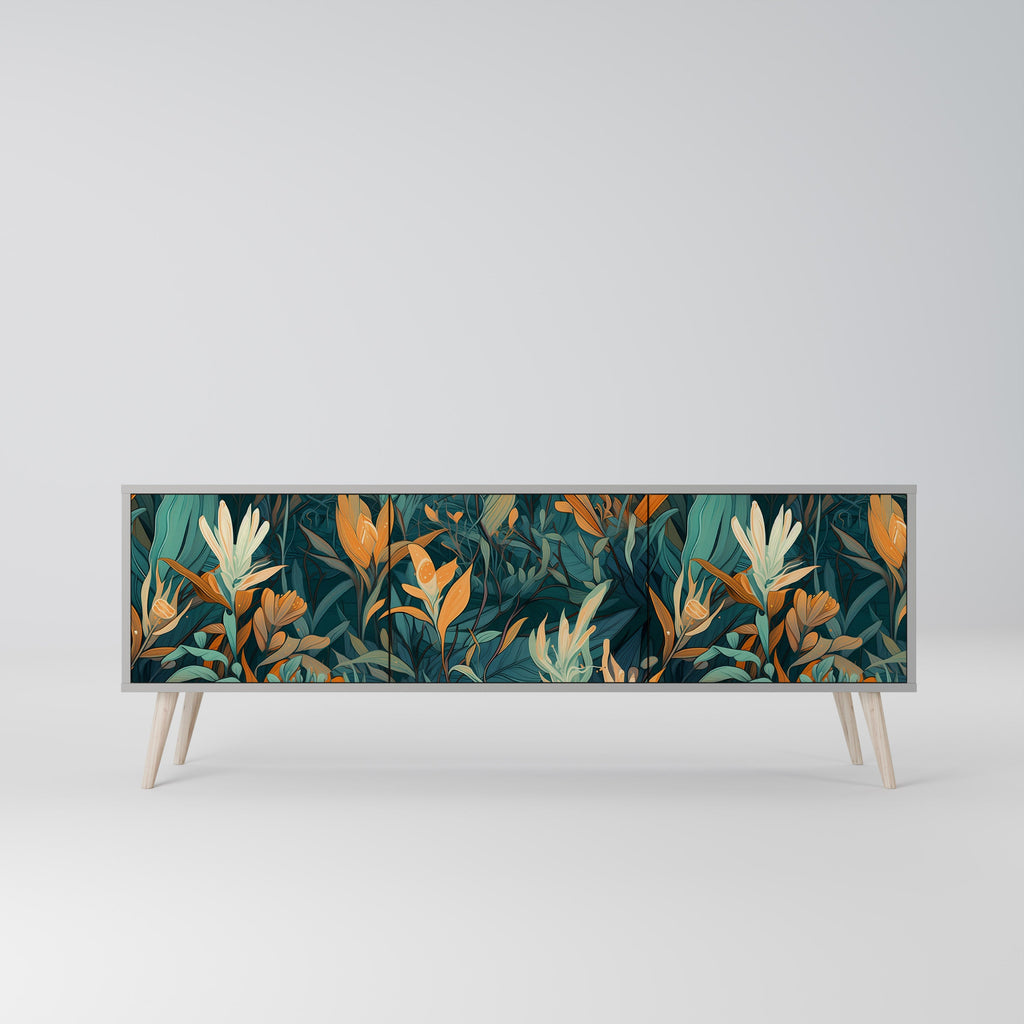 Meuble TV 3 portes FLORAL SERENITY, finition grise