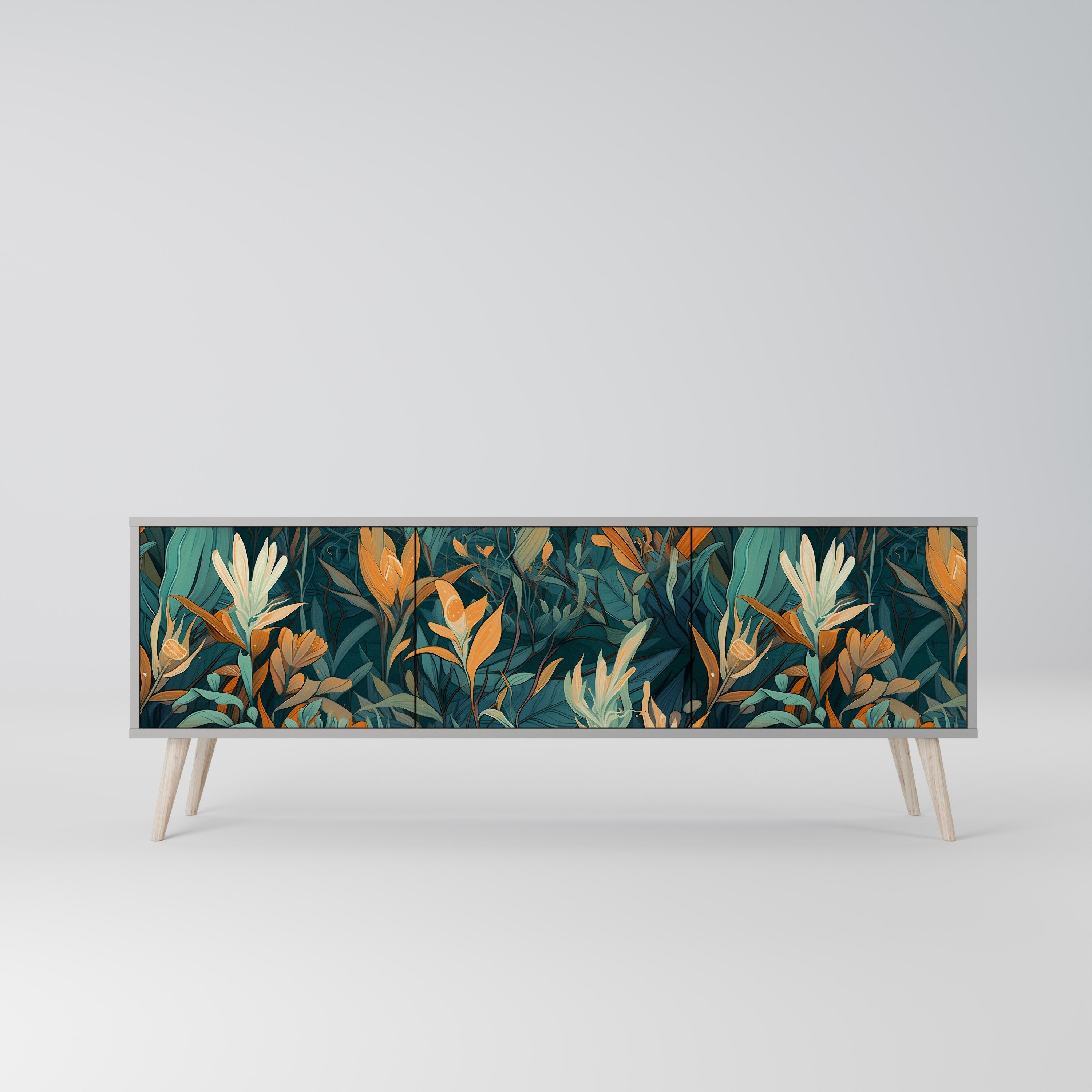 Meuble TV 3 portes FLORAL SERENITY, finition grise