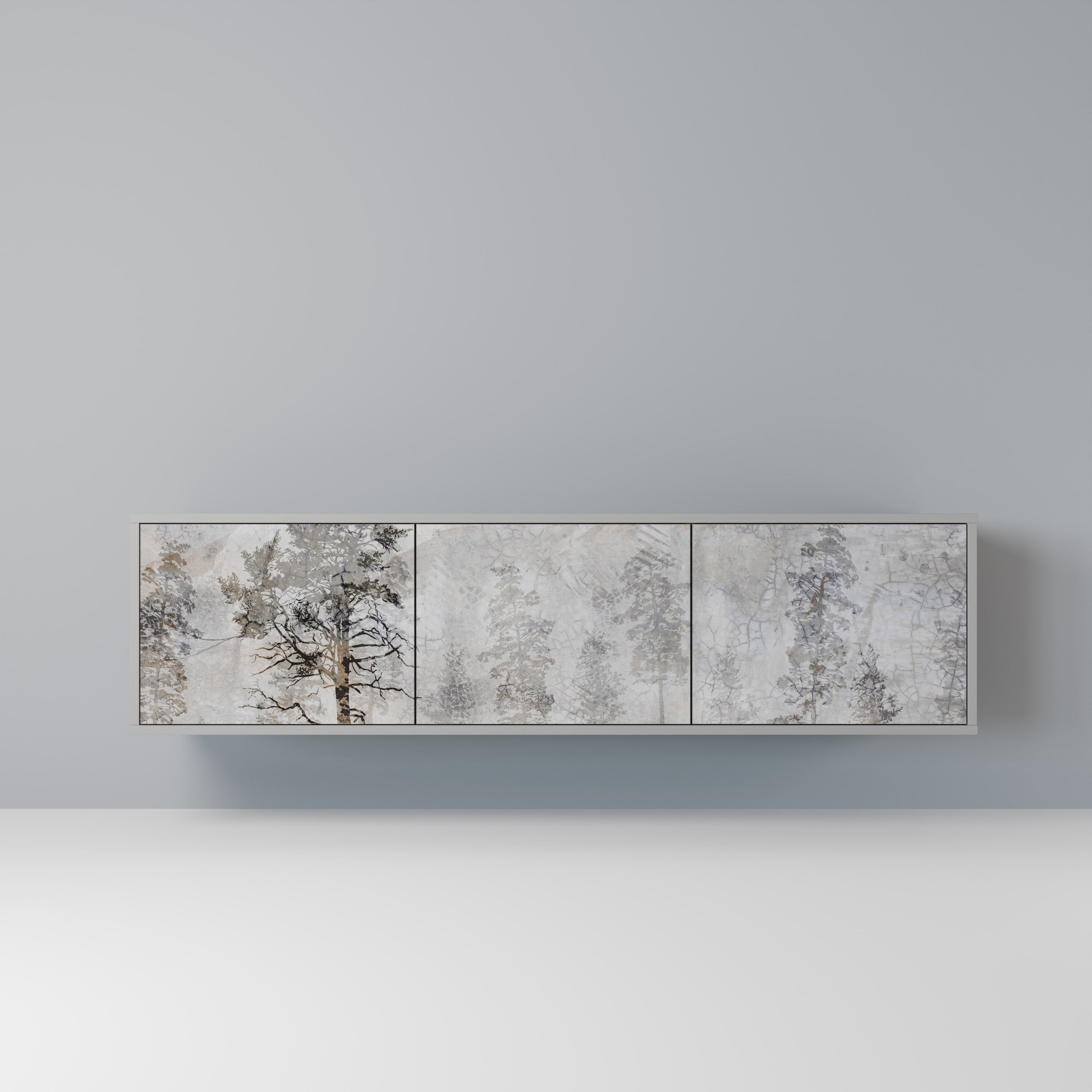 Meuble TV 3 portes FADE IN THE TREES, finition grise