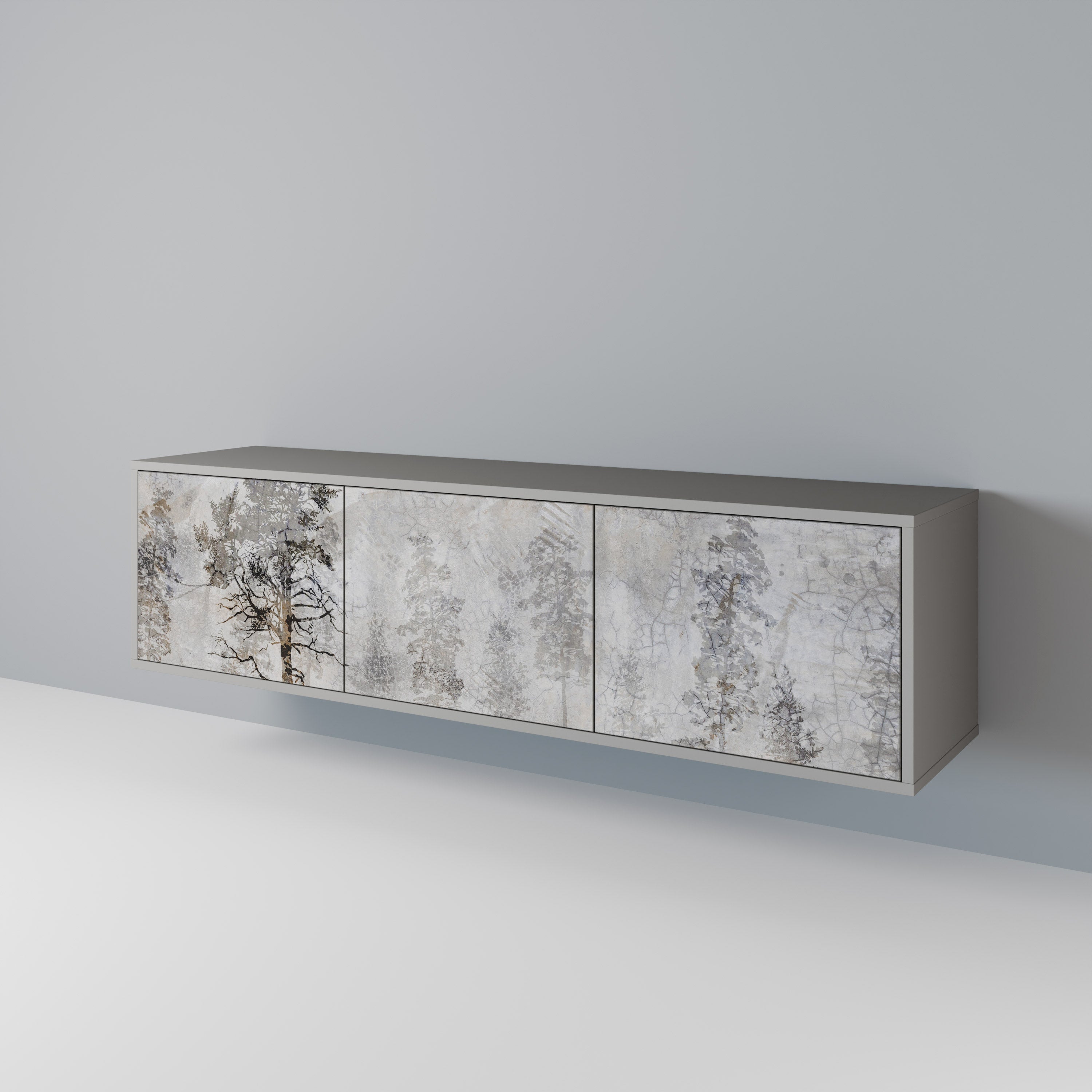 Meuble TV 3 portes FADE IN THE TREES, finition grise