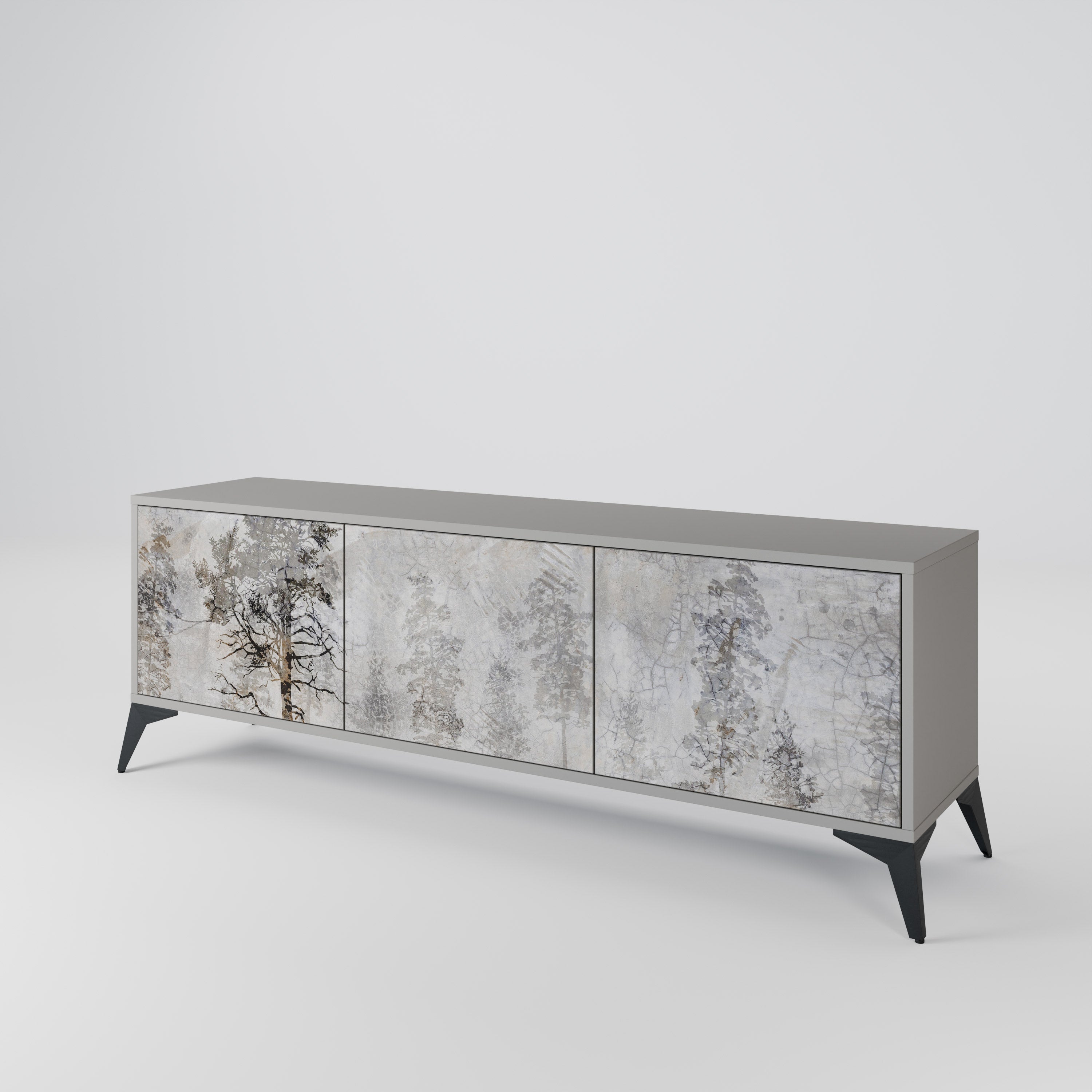 Meuble TV 3 portes FADE IN THE TREES, finition grise
