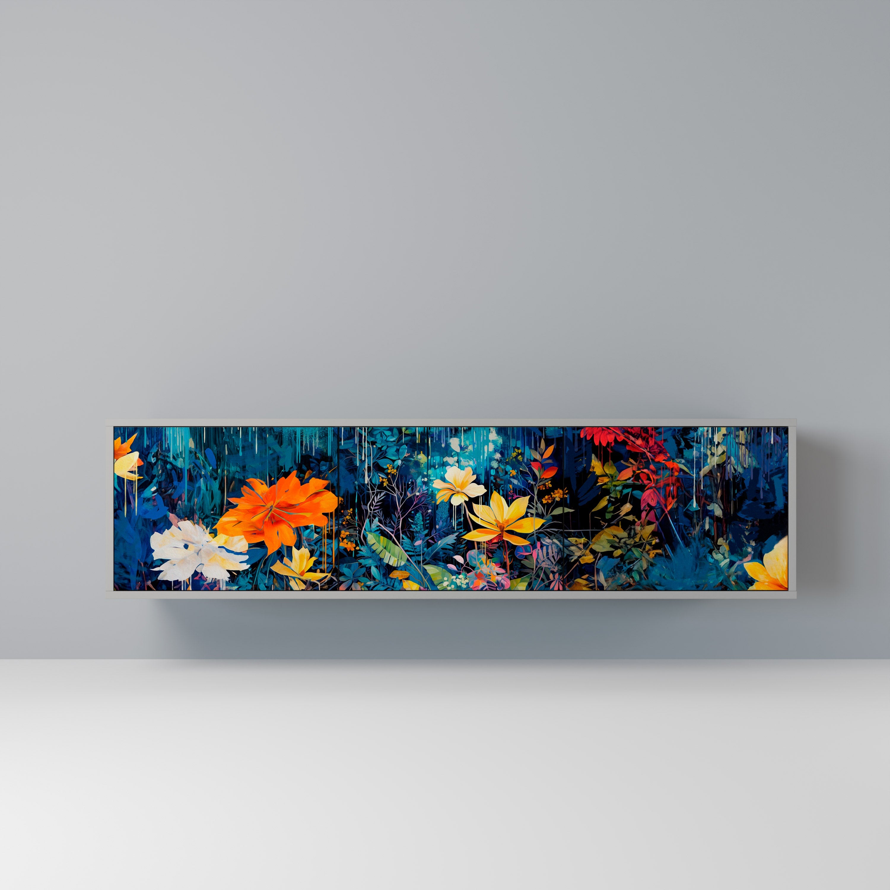 Meuble TV 3 portes MIDNIGHT BLOSSOM, finition grise